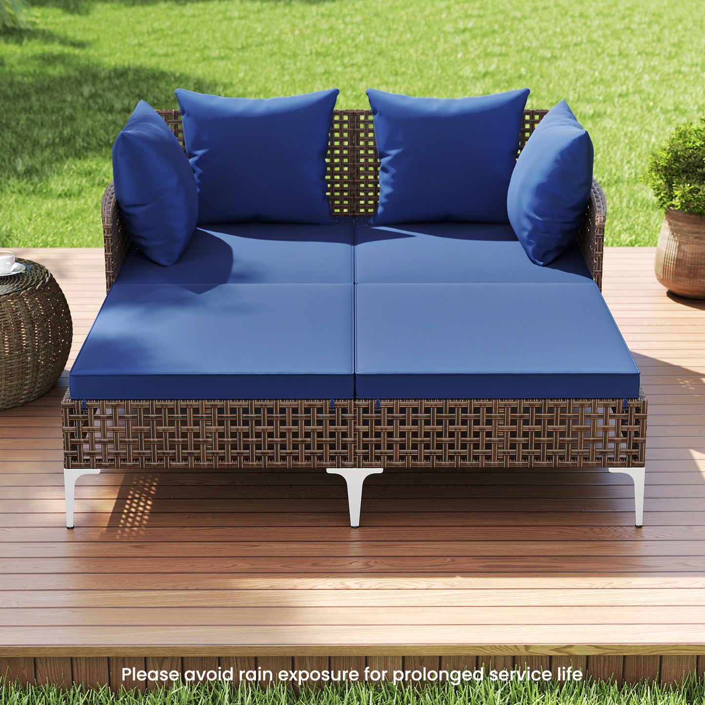 Double Chaise Lounge Daybed with Cushions - Wicker Rattan