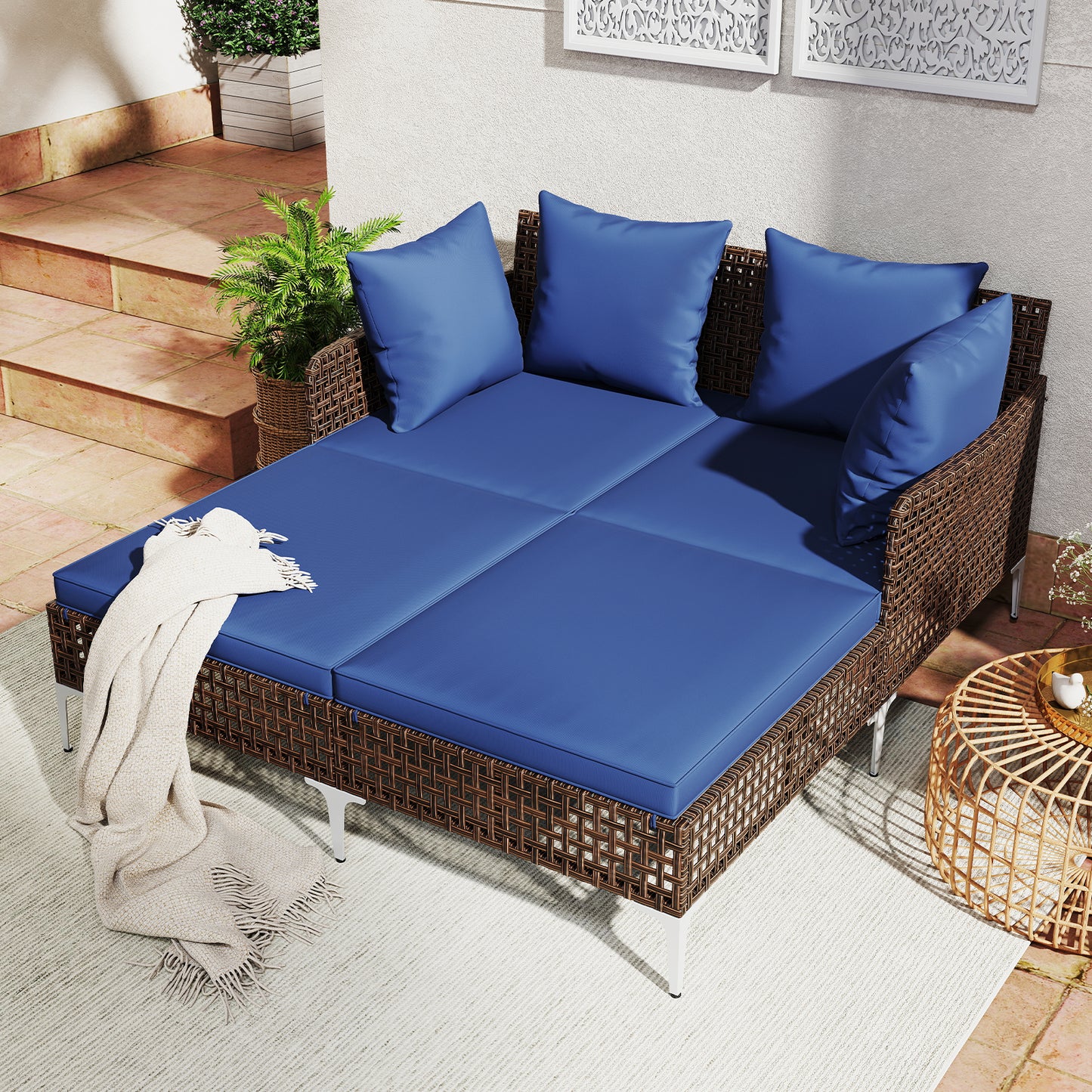 Double Chaise Lounge Daybed with Cushions - Wicker Rattan