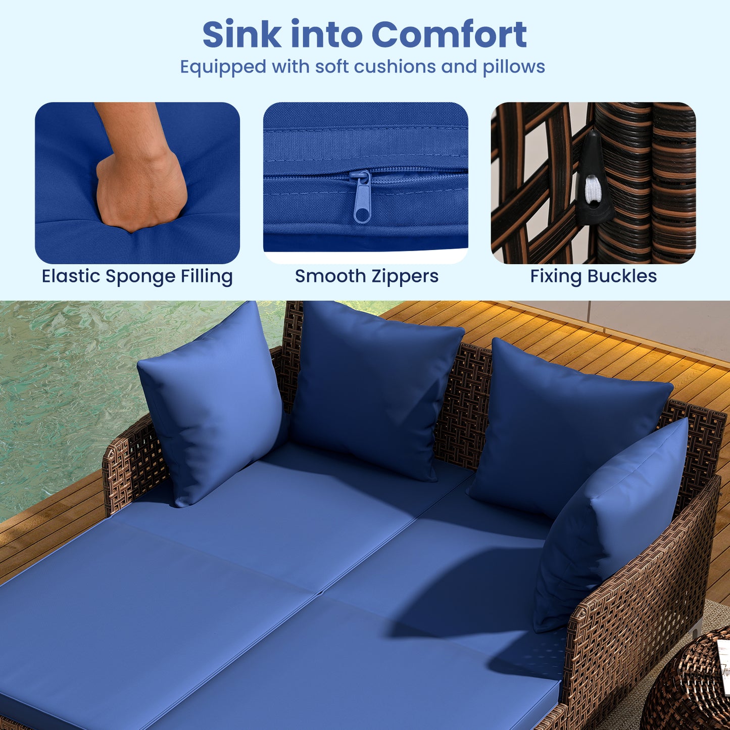 Double Chaise Lounge Daybed with Cushions - Wicker Rattan