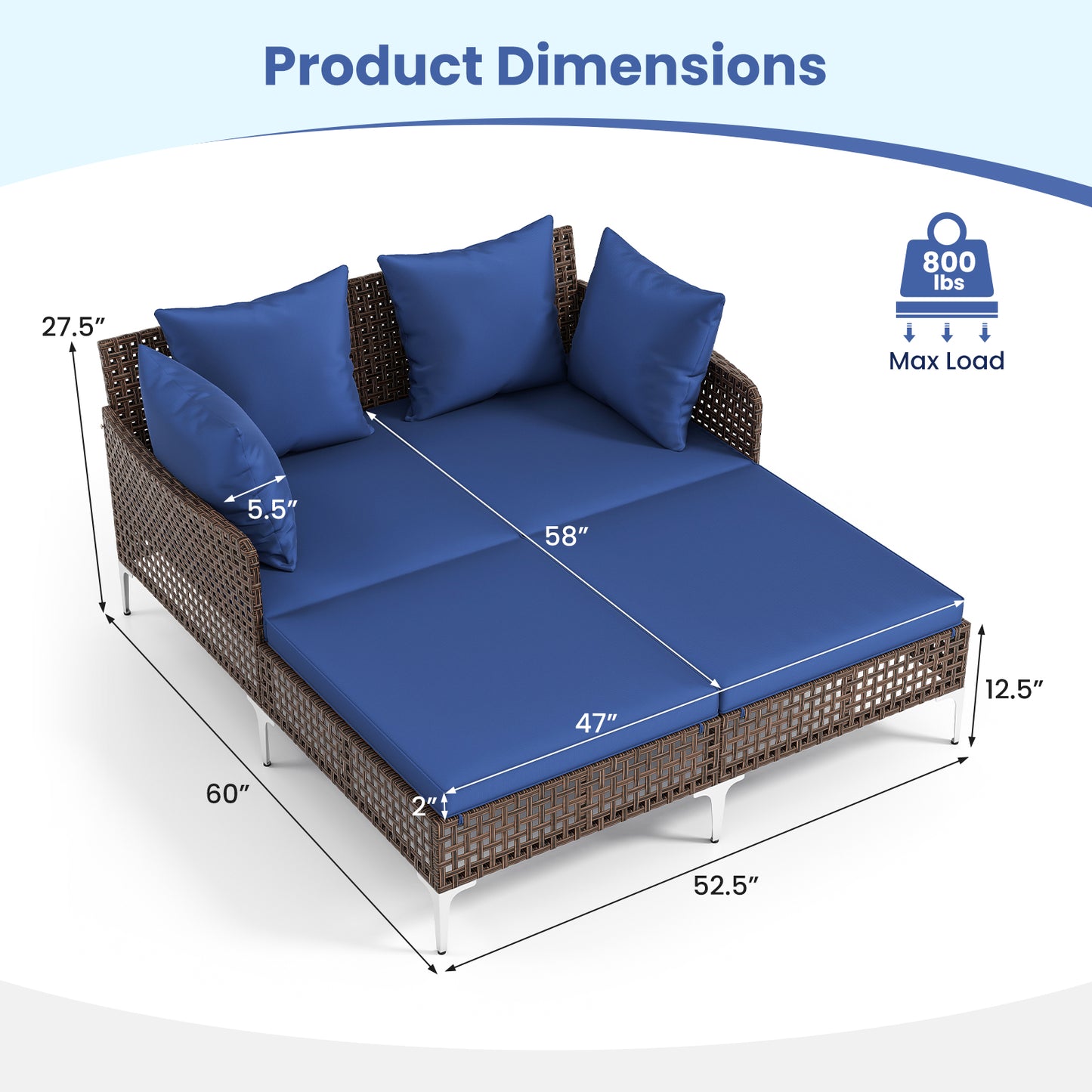 Double Chaise Lounge Daybed with Cushions - Wicker Rattan