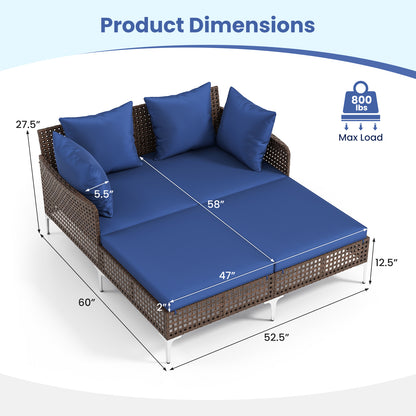 Double Chaise Lounge Daybed with Cushions - Wicker Rattan