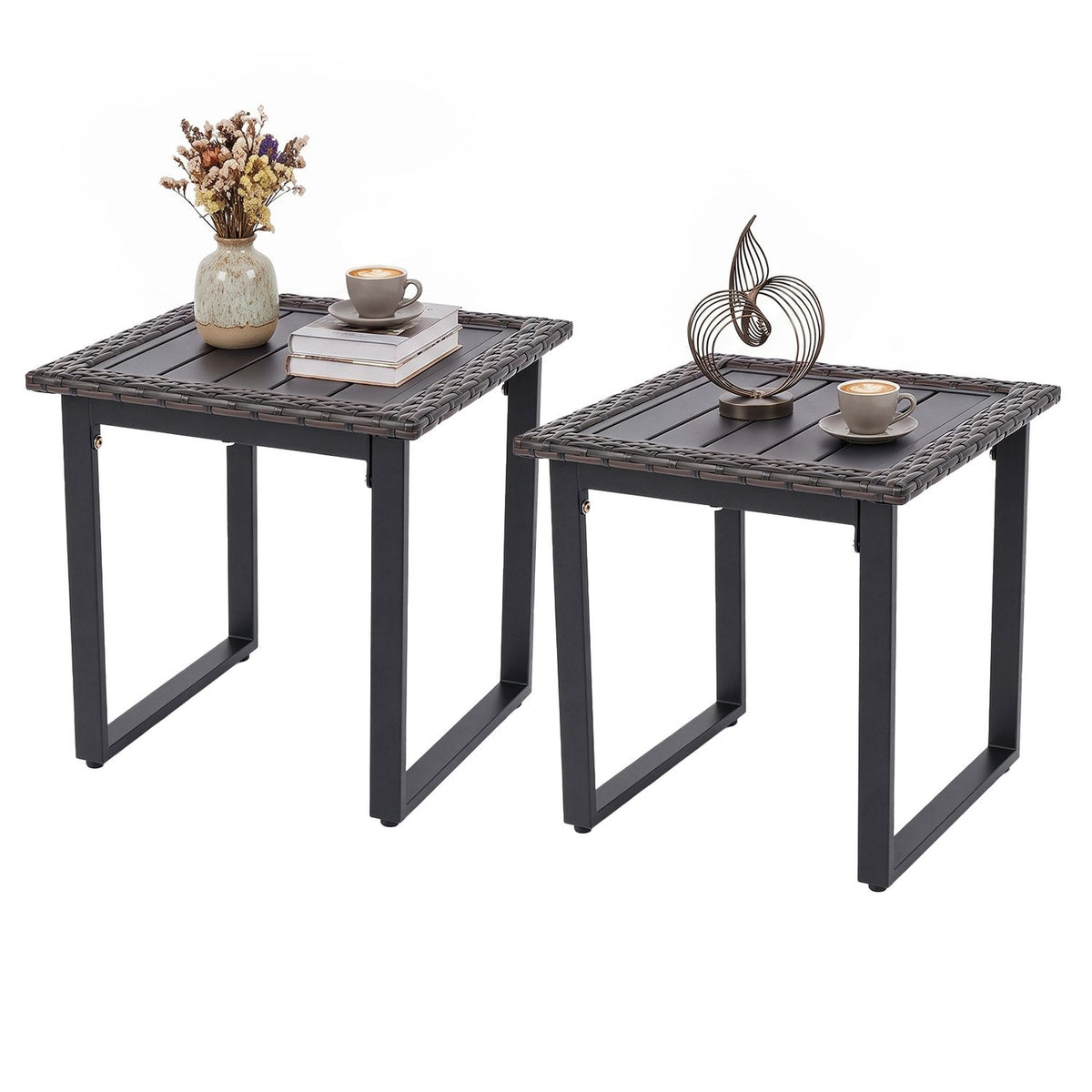 Outdoor Rattan Side Table with Slatted Tabletop and PE Rattan Finish