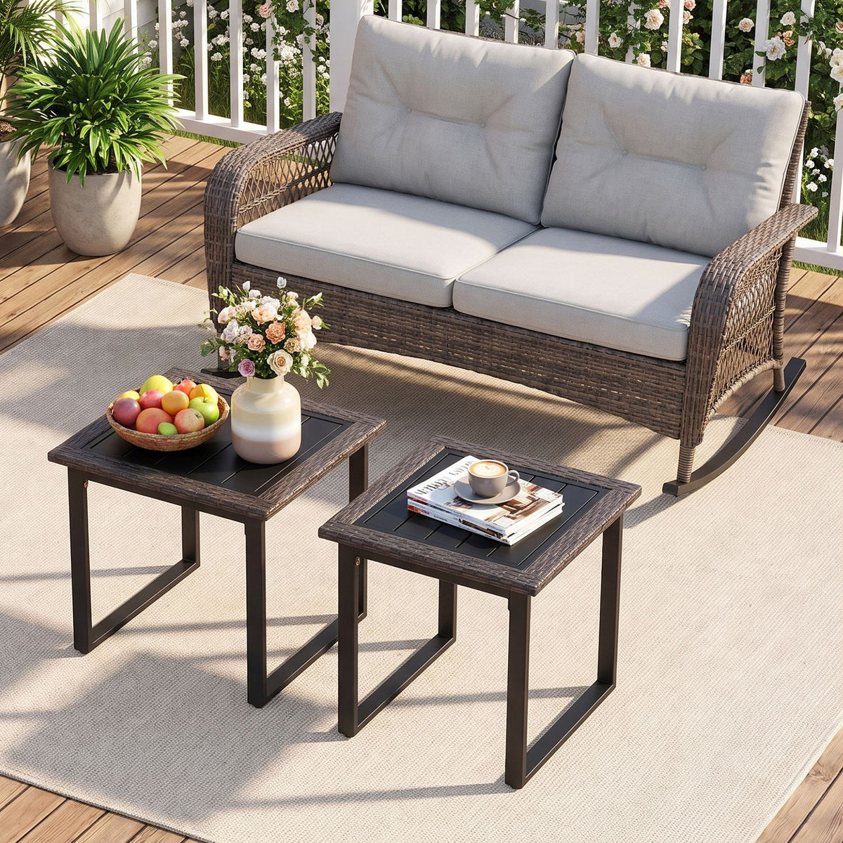 Outdoor Rattan Side Table with Slatted Tabletop and PE Rattan Finish
