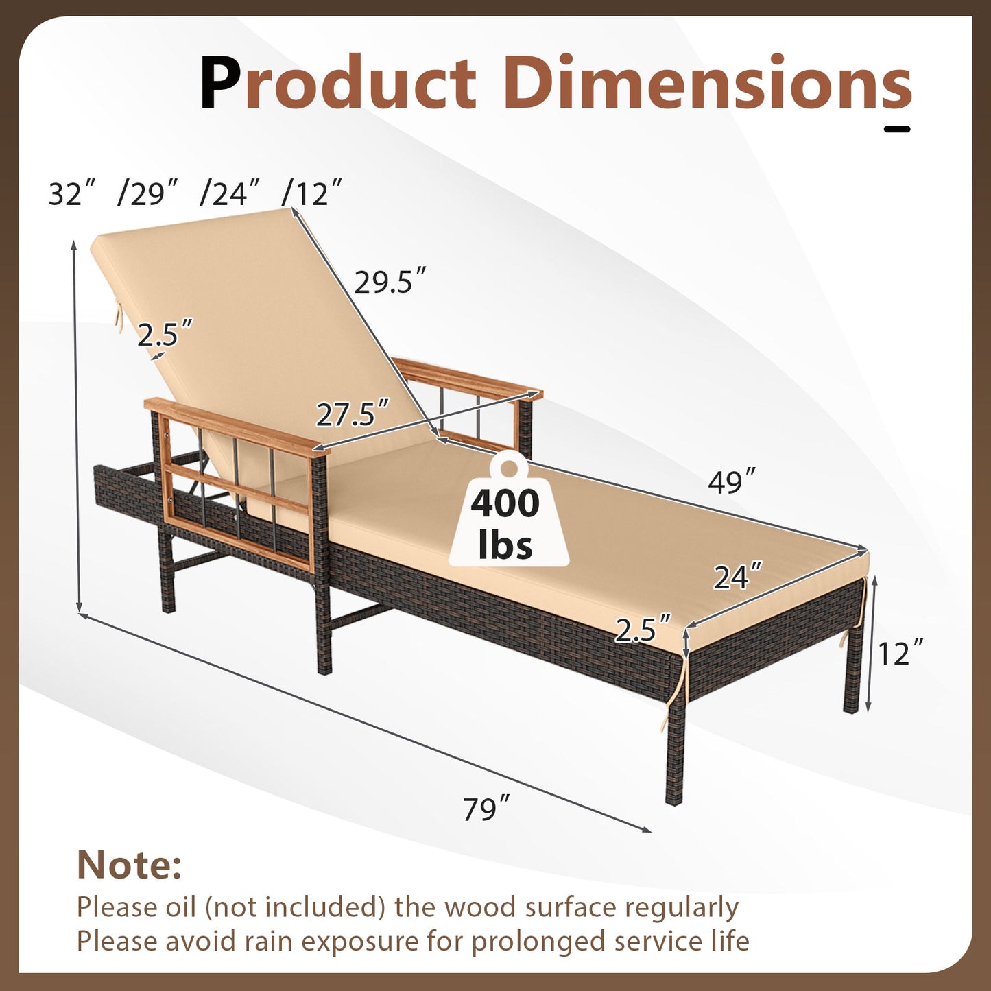 Outdoor Reclining Chaise Lounge with 4-Position Adjustable Backrest