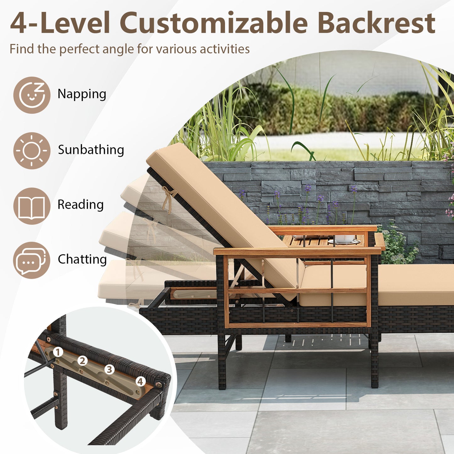 Outdoor Reclining Chaise Lounge with 4-Position Adjustable Backrest