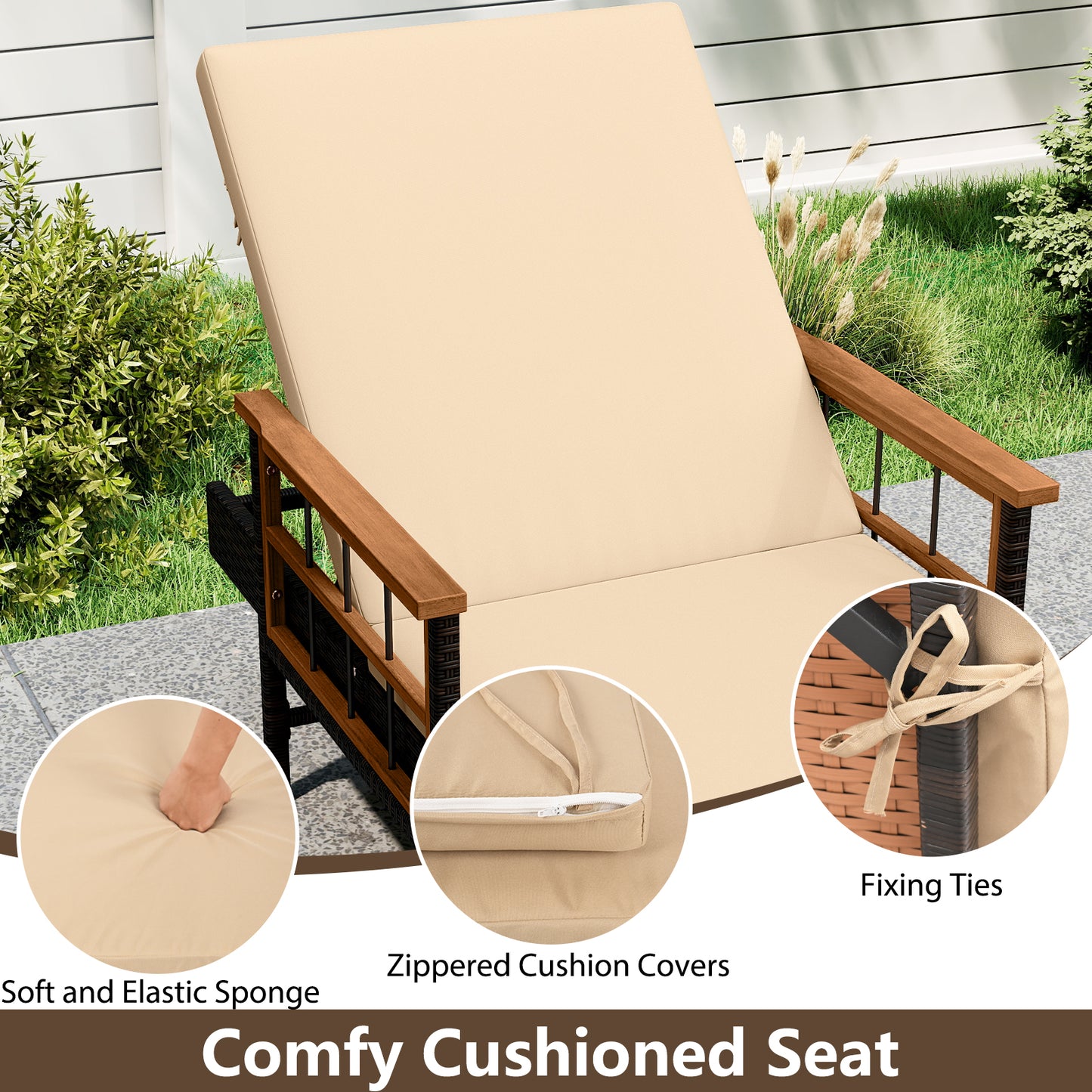 Outdoor Reclining Chaise Lounge with 4-Position Adjustable Backrest