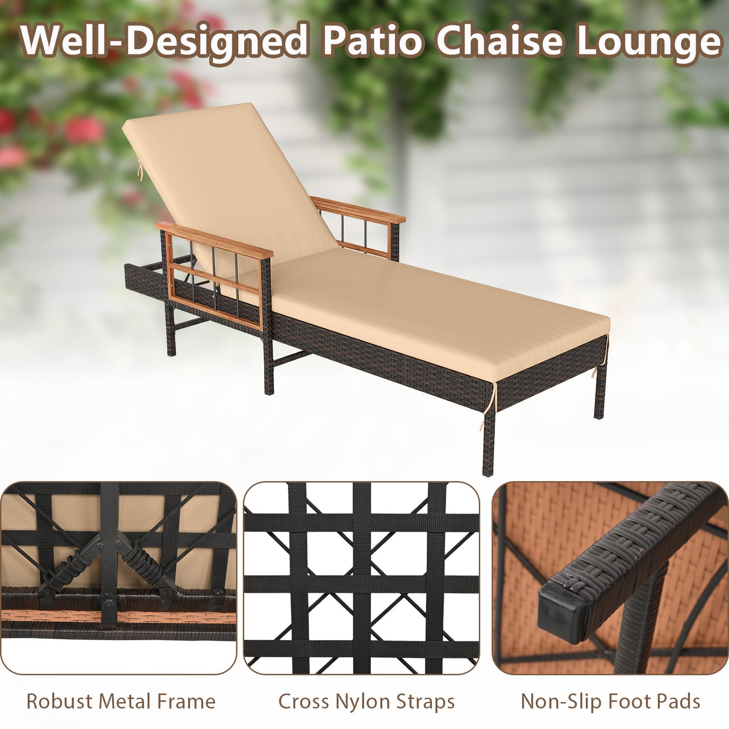 Outdoor Reclining Chaise Lounge with 4-Position Adjustable Backrest