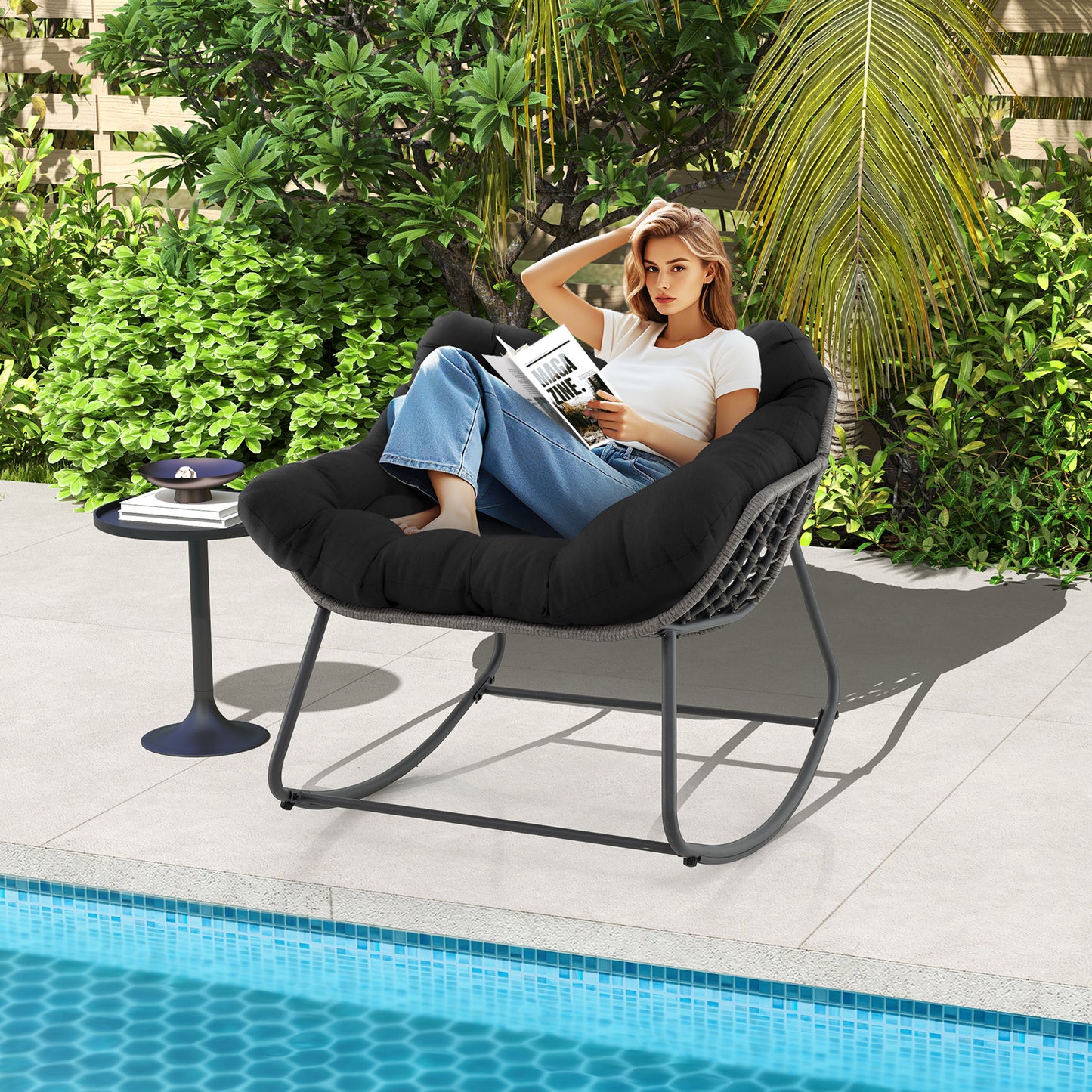 Oversized Rocking Egg Chair with Cushion - PE Wicker Outdoor