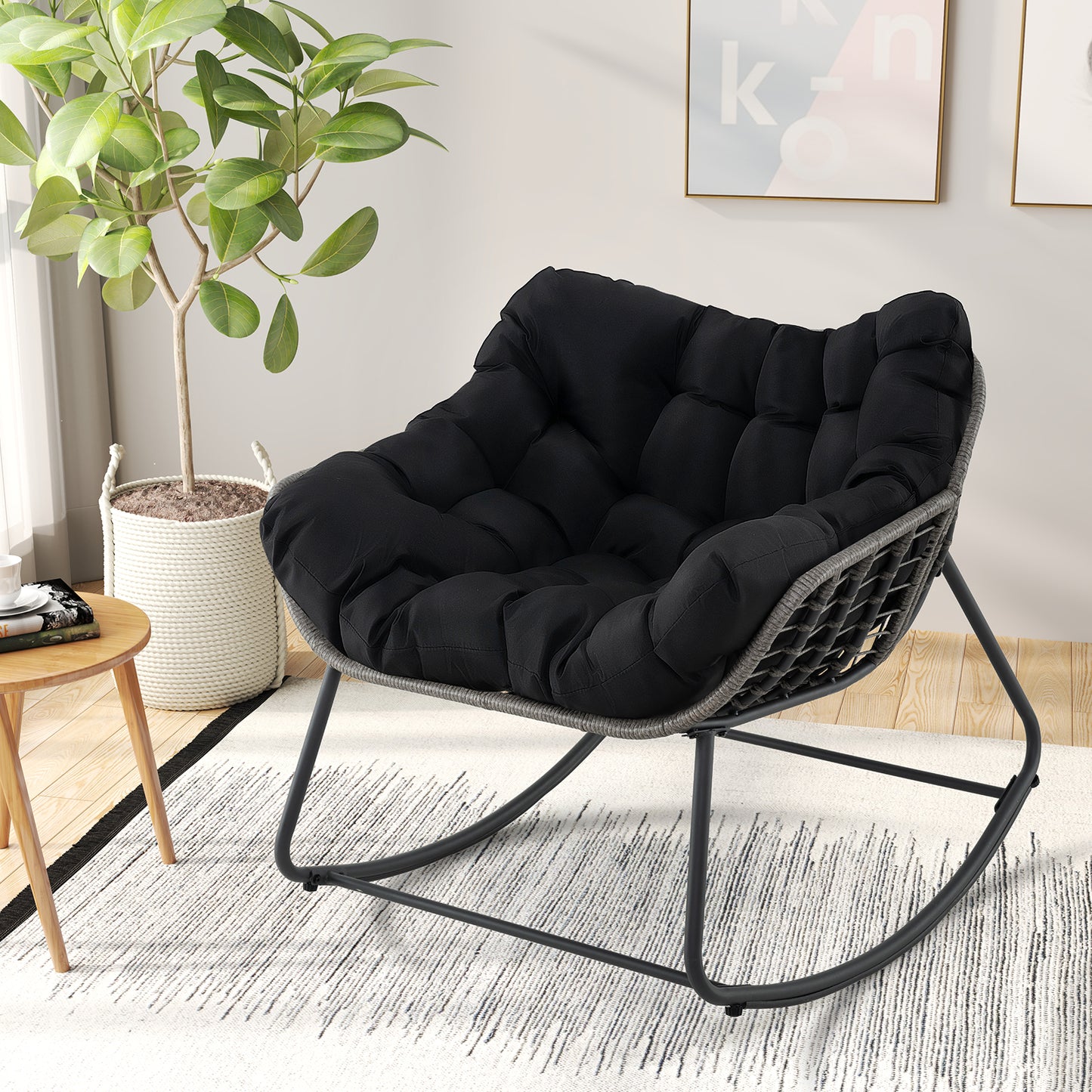 Oversized Rocking Egg Chair with Cushion - PE Wicker Outdoor