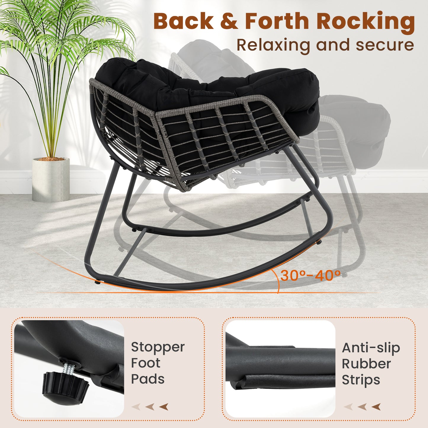 Oversized Rocking Egg Chair with Cushion - PE Wicker Outdoor