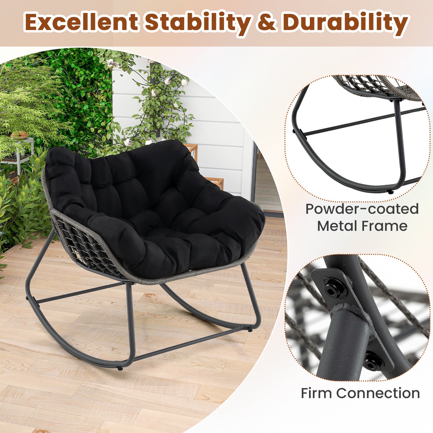 Oversized Rocking Egg Chair with Cushion - PE Wicker Outdoor