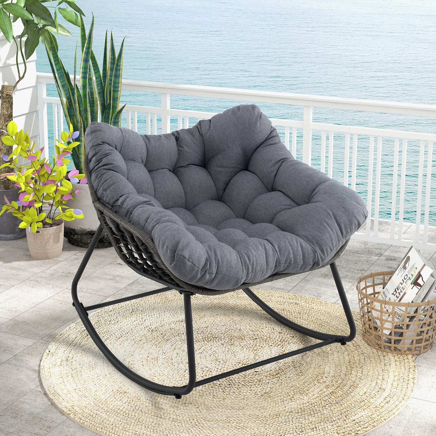 Oversized Rocking Egg Chair with Cushion - PE Wicker Outdoor