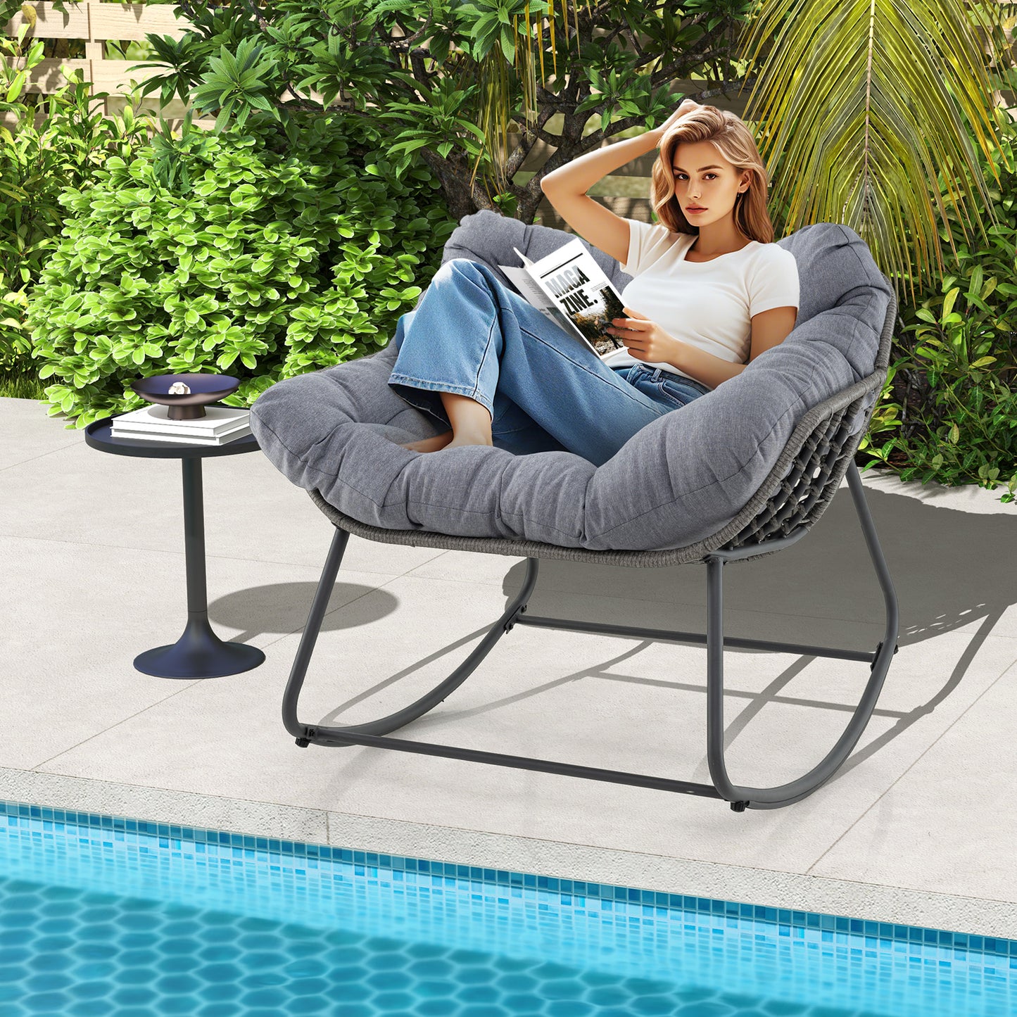 Oversized Rocking Egg Chair with Cushion - PE Wicker Outdoor