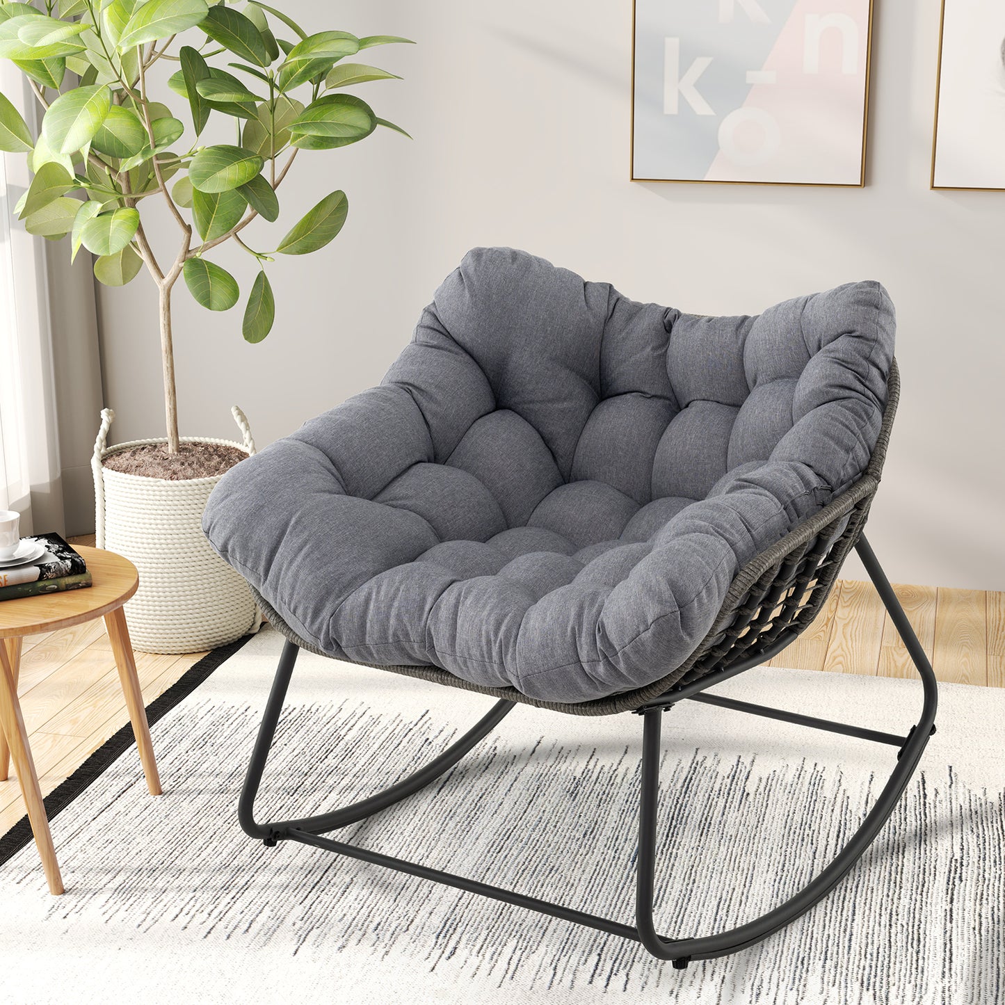 Oversized Rocking Egg Chair with Cushion - PE Wicker Outdoor