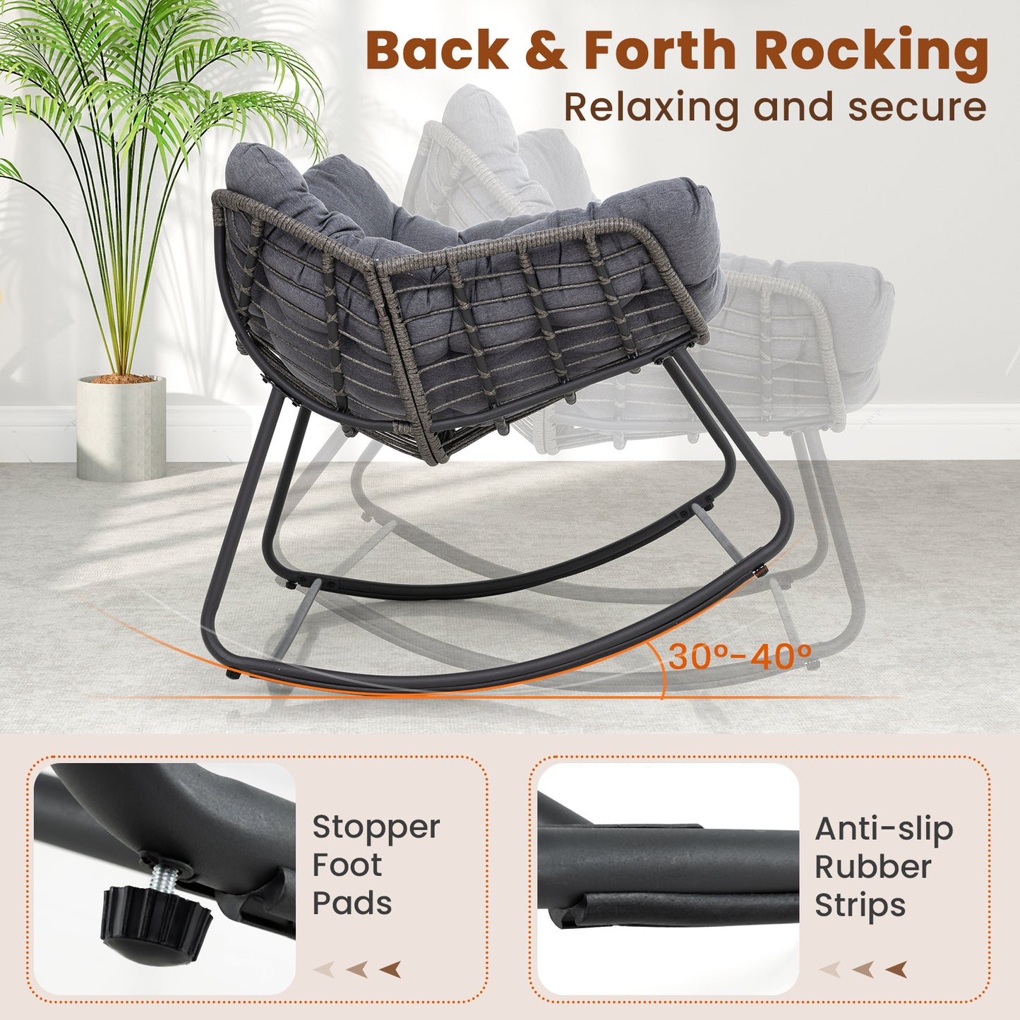 Oversized Rocking Egg Chair with Cushion - PE Wicker Outdoor