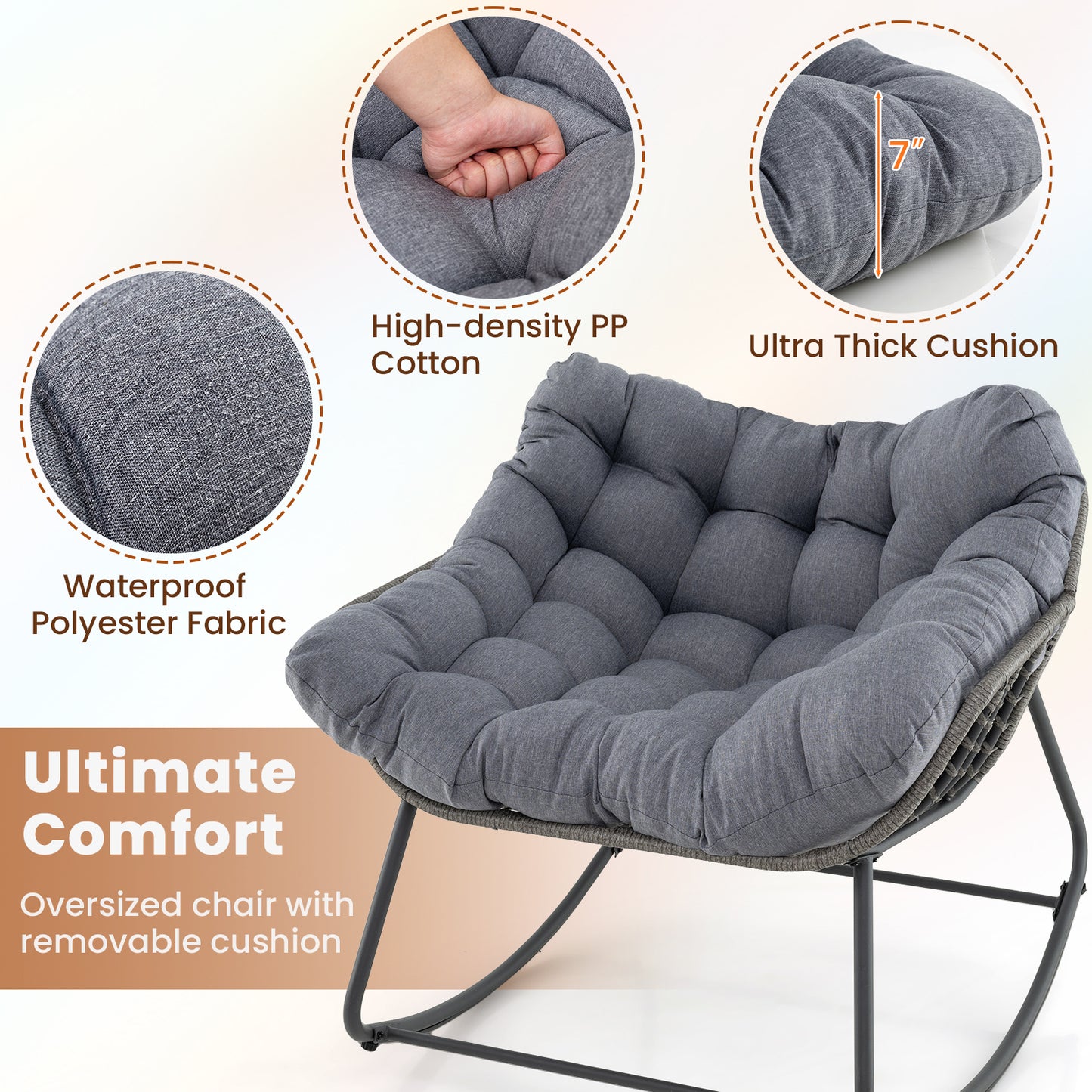 Oversized Rocking Egg Chair with Cushion - PE Wicker Outdoor