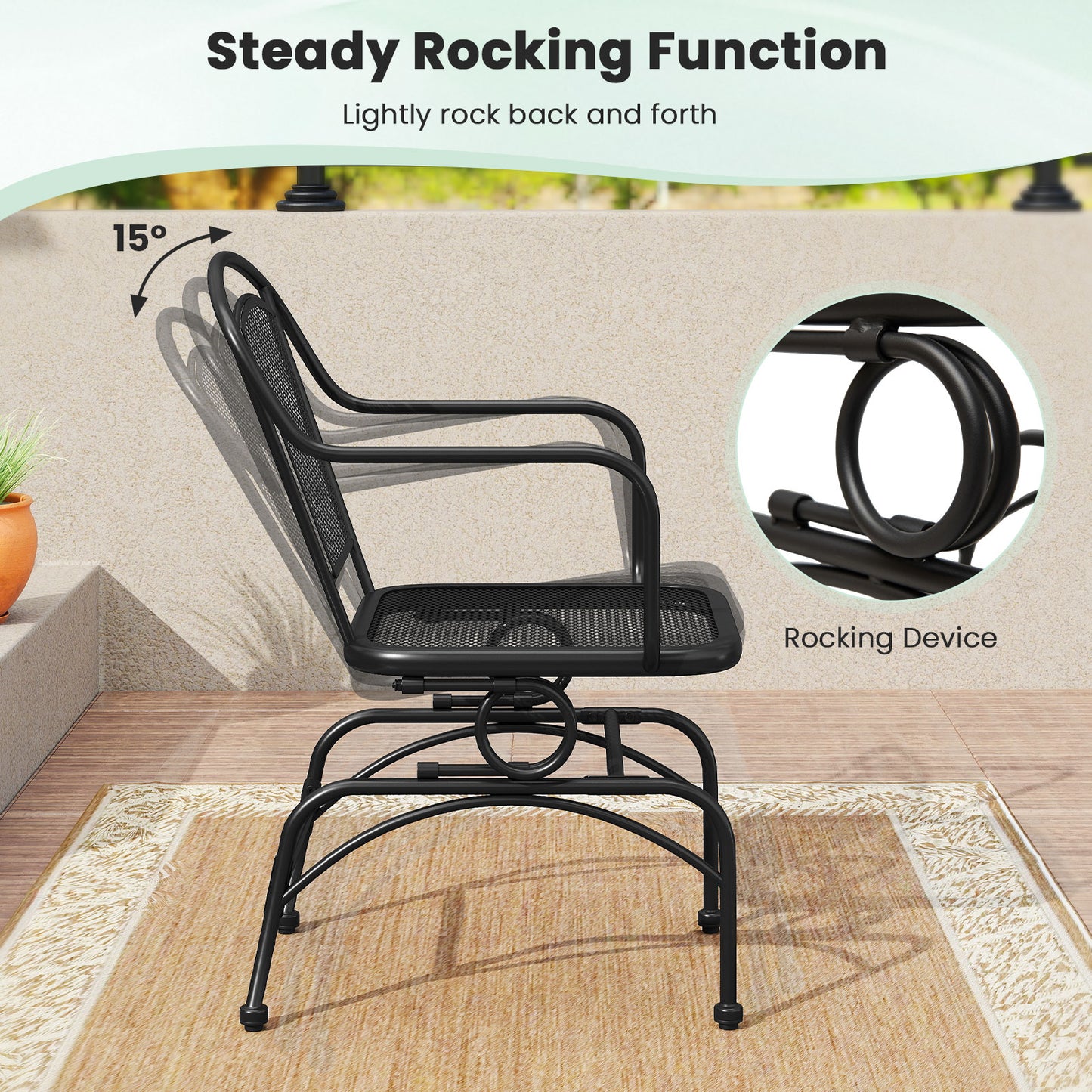 Outdoor Rocking Chair Set of 2 with Mesh Backrest - Black