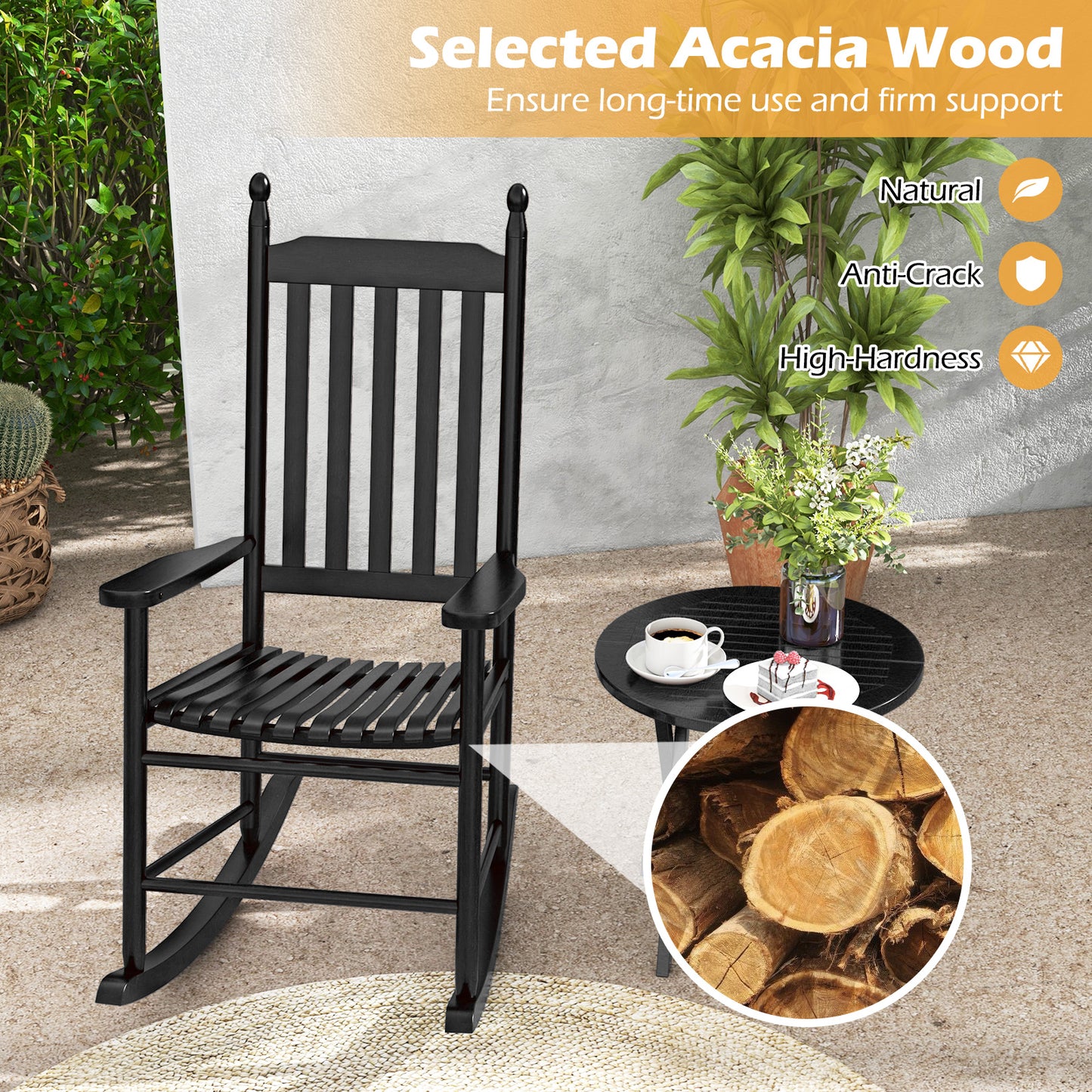 Acacia Wood Outdoor Rocking Chair with High Back