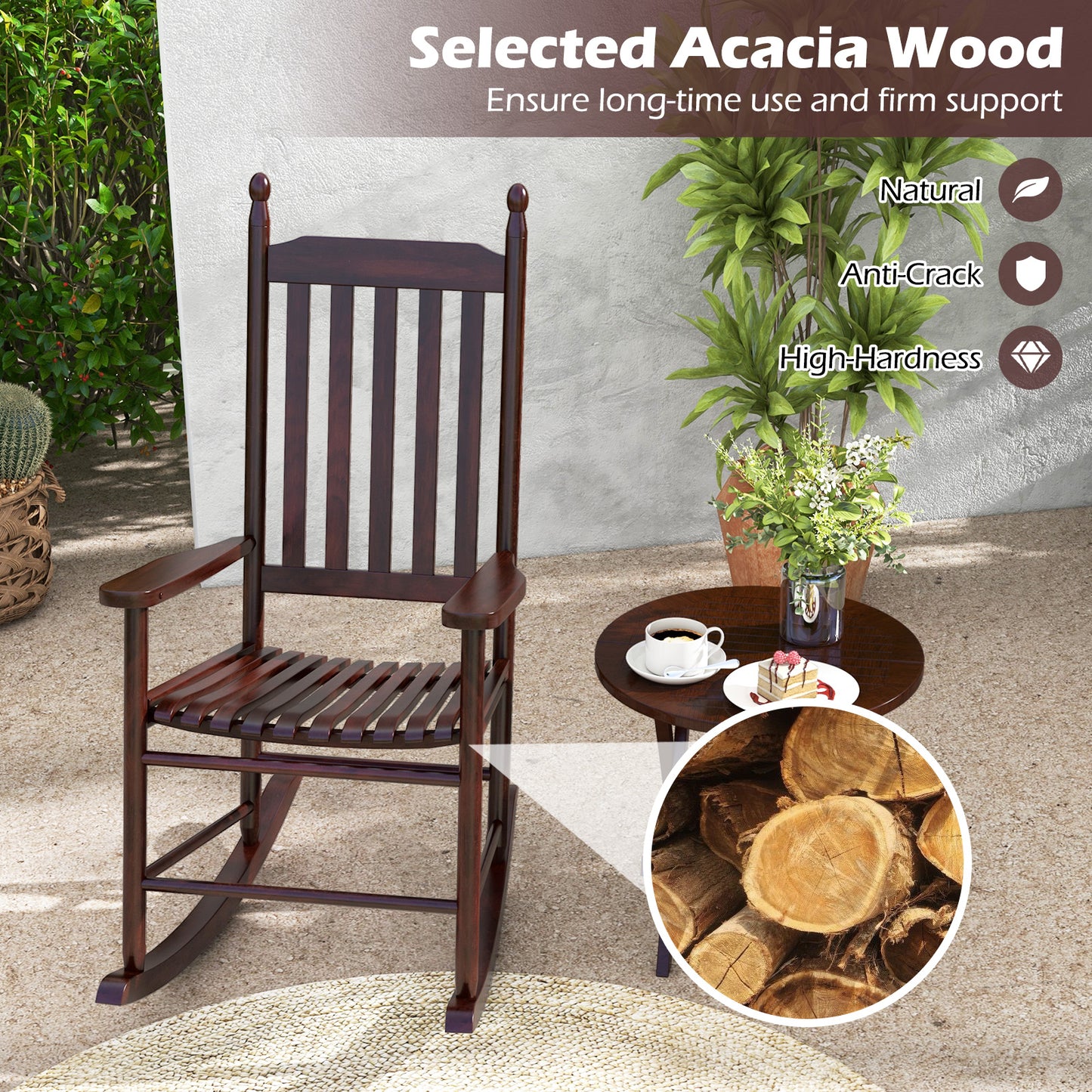 Acacia Wood Outdoor Rocking Chair with High Back