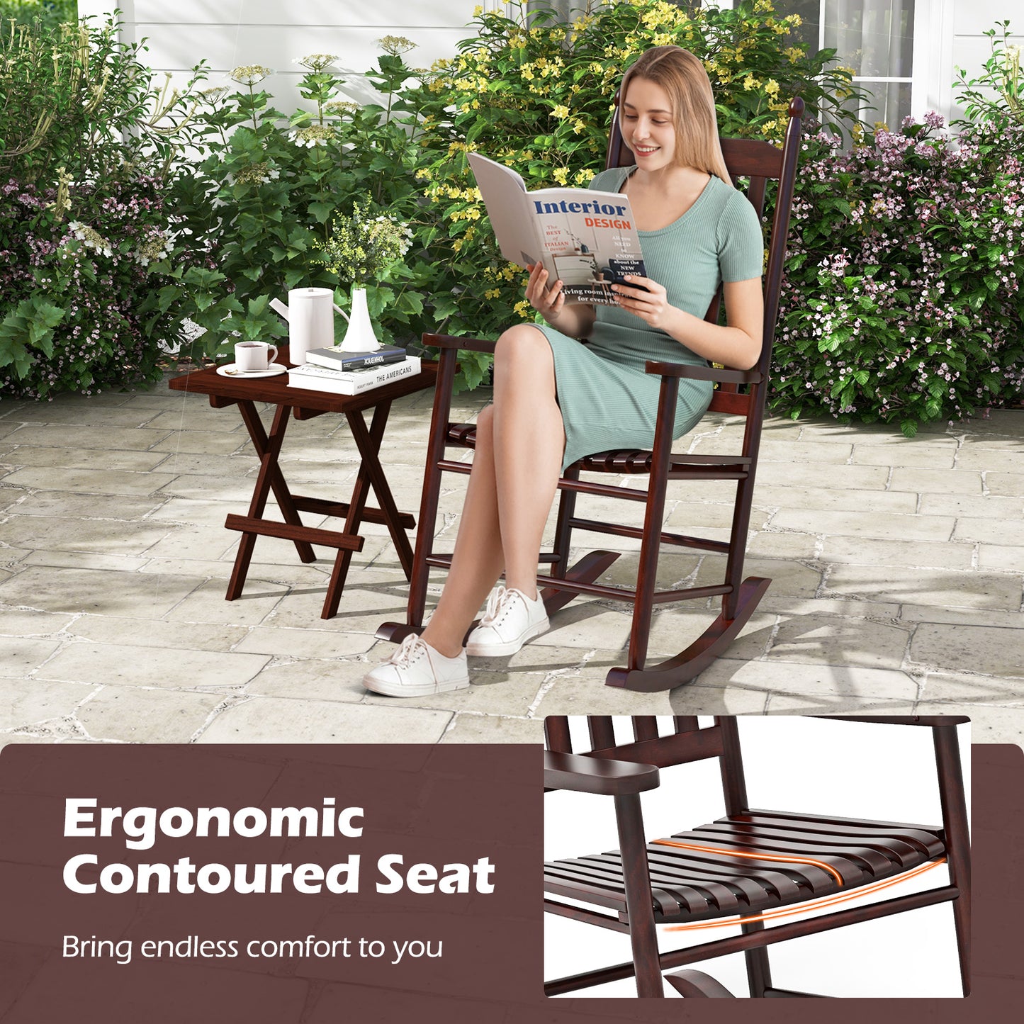 Acacia Wood Outdoor Rocking Chair with High Back