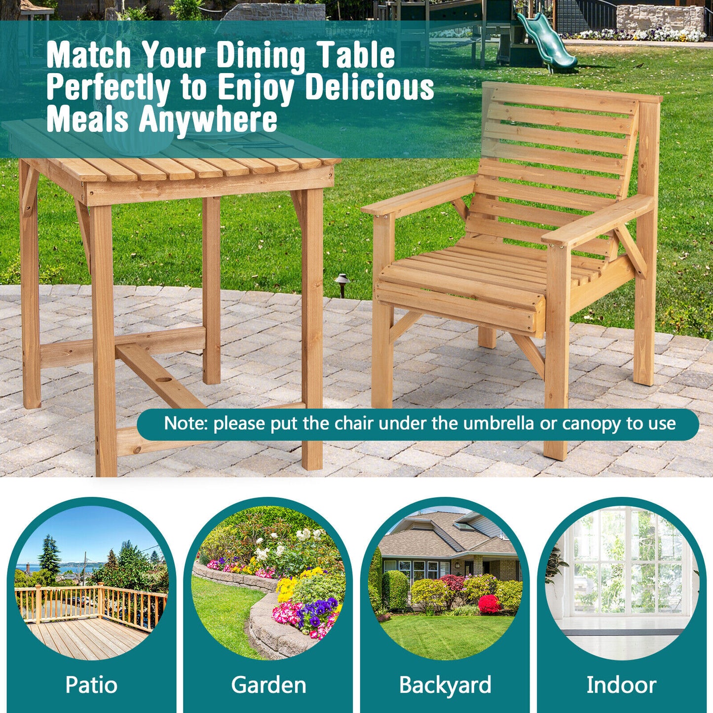 Solid Fir Wood Patio Dining Chair with Inclined Backrest