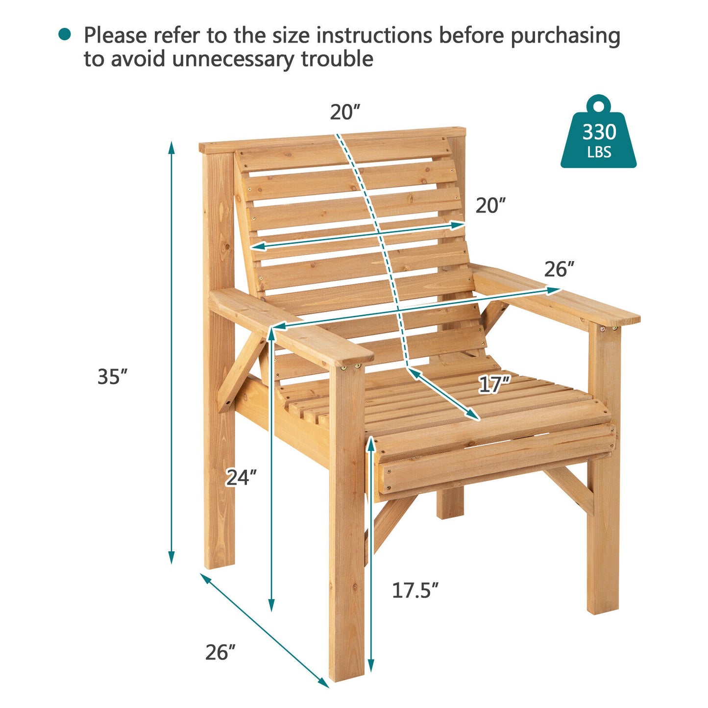Solid Fir Wood Patio Dining Chair with Inclined Backrest