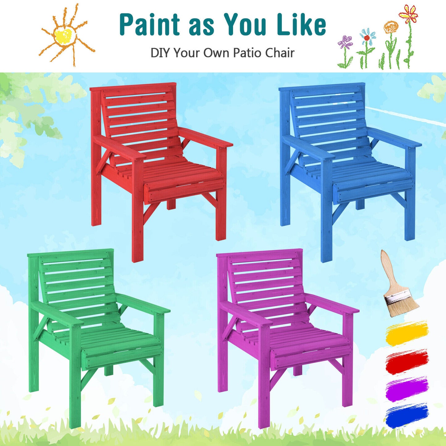 Solid Fir Wood Patio Dining Chair with Inclined Backrest
