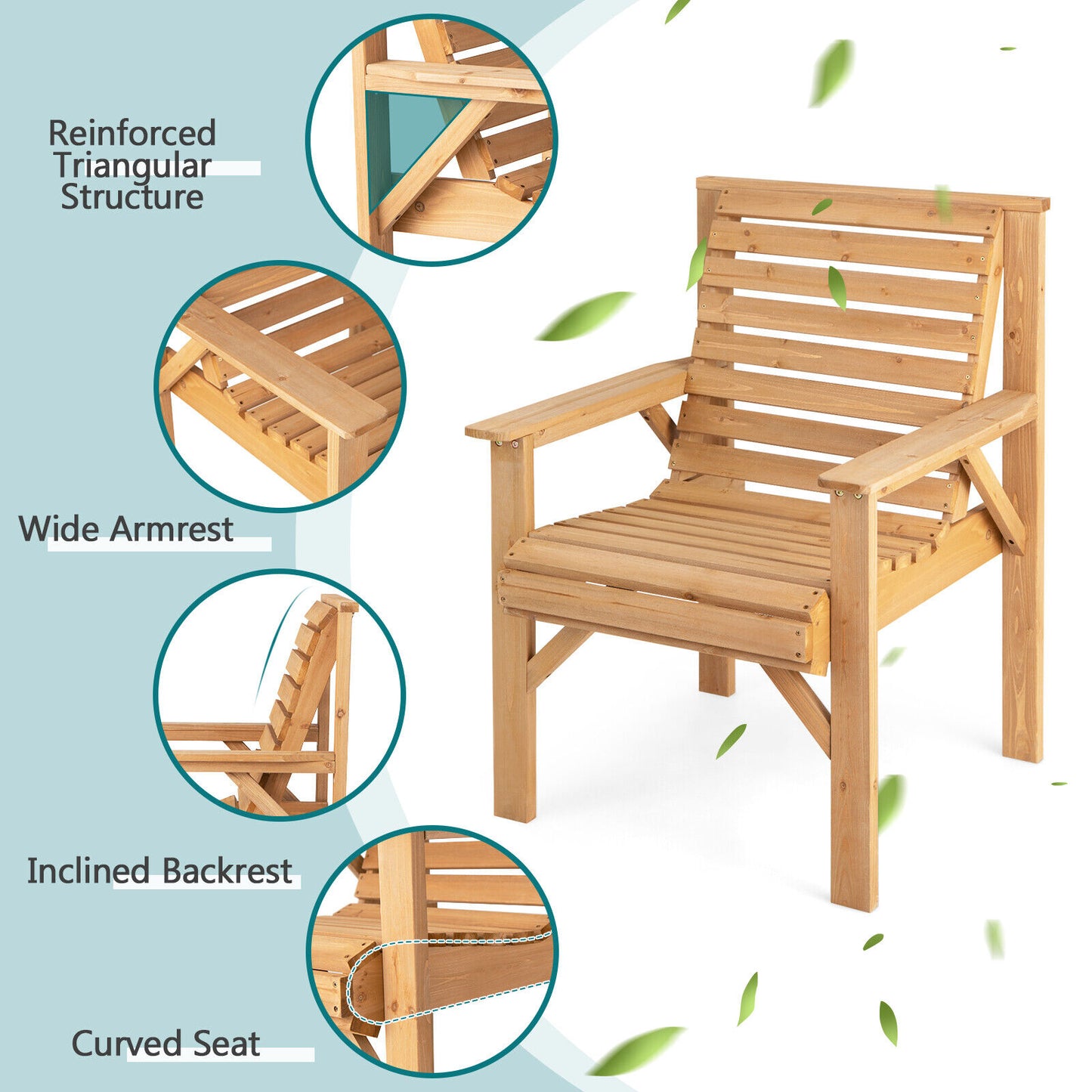 Solid Fir Wood Patio Dining Chair with Inclined Backrest