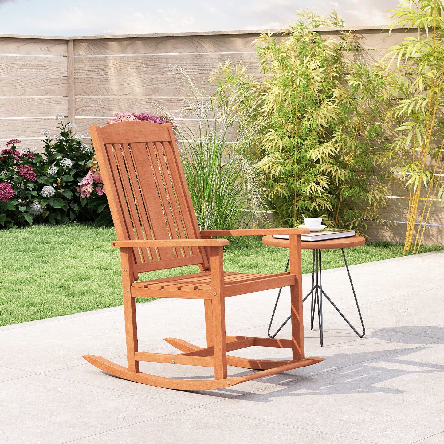 Solid Wood Rocking Chair with High Back and Slatted Seat