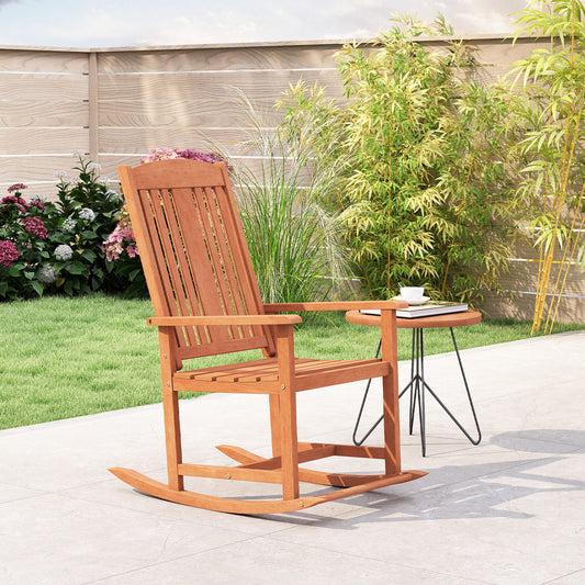 Solid Wood Rocking Chair with High Back and Slatted Seat