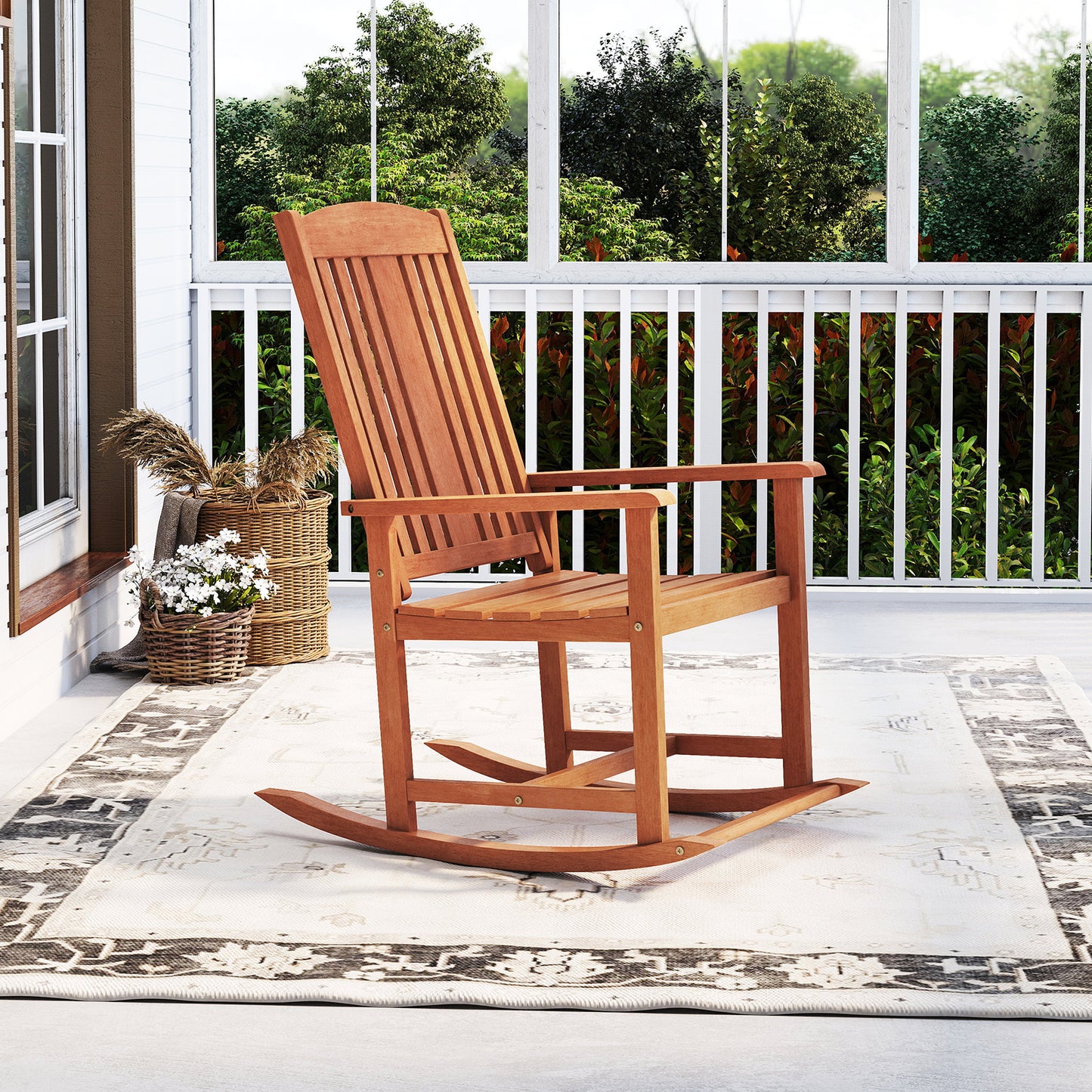 Solid Wood Rocking Chair with High Back and Slatted Seat