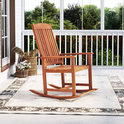 Solid Wood Rocking Chair with High Back and Slatted Seat