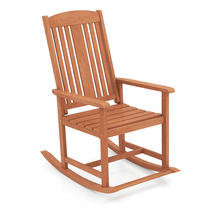 Solid Wood Rocking Chair with High Back and Slatted Seat