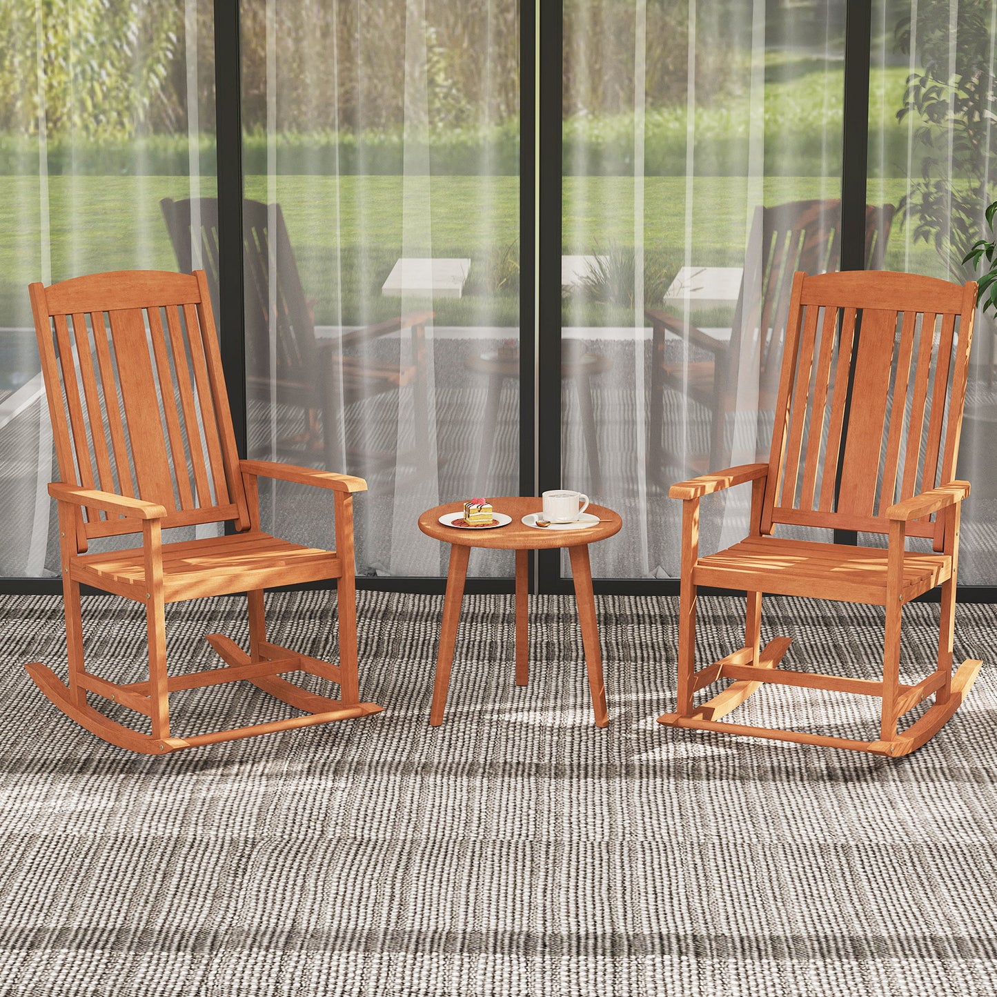 Solid Wood Rocking Chair with High Back and Slatted Seat