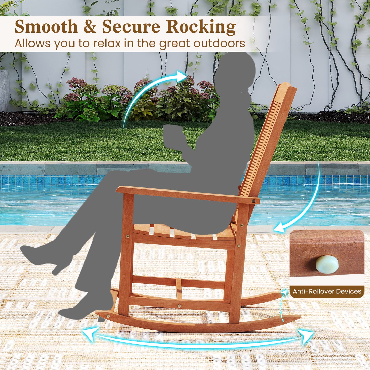 Solid Wood Rocking Chair with High Back and Slatted Seat