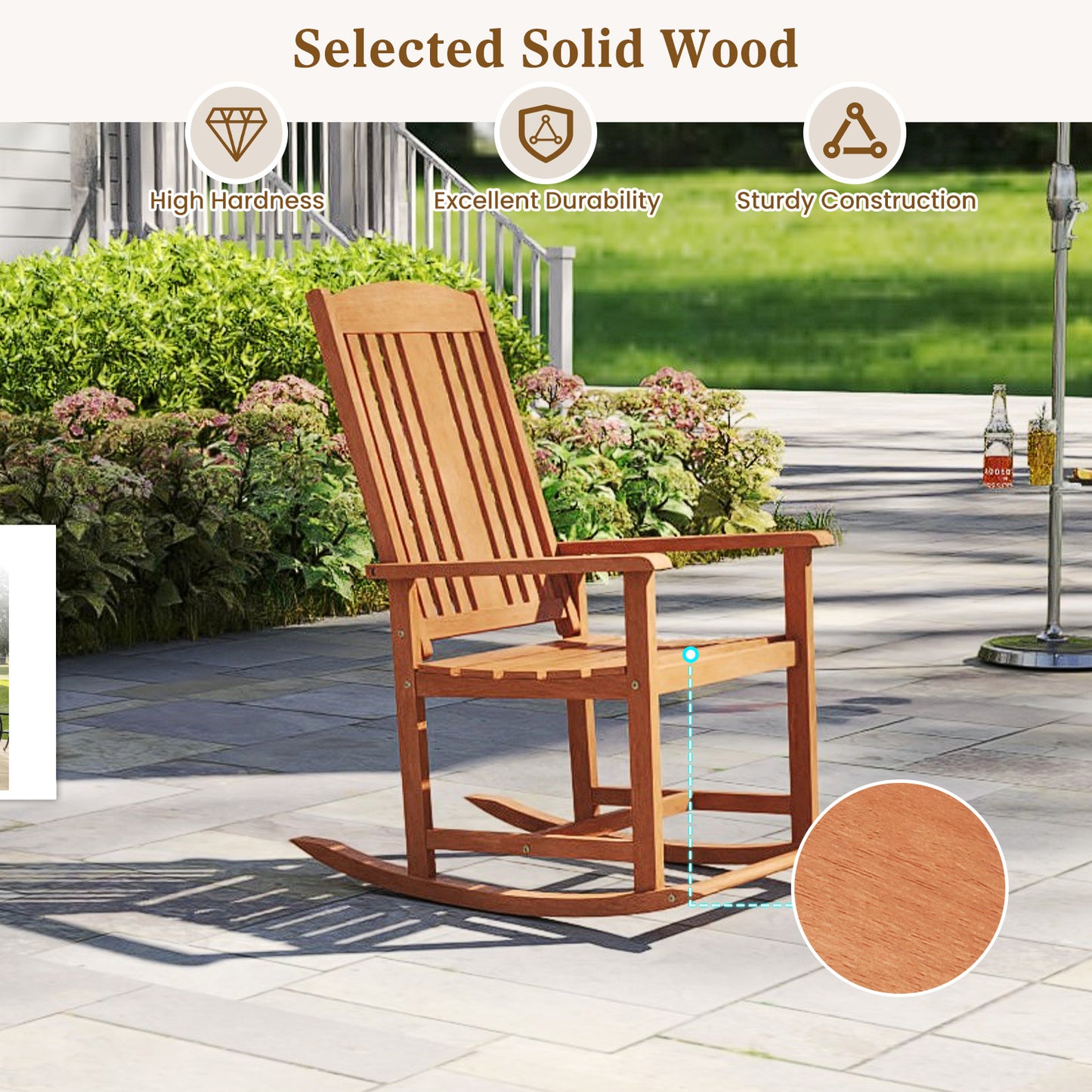 Solid Wood Rocking Chair with High Back and Slatted Seat