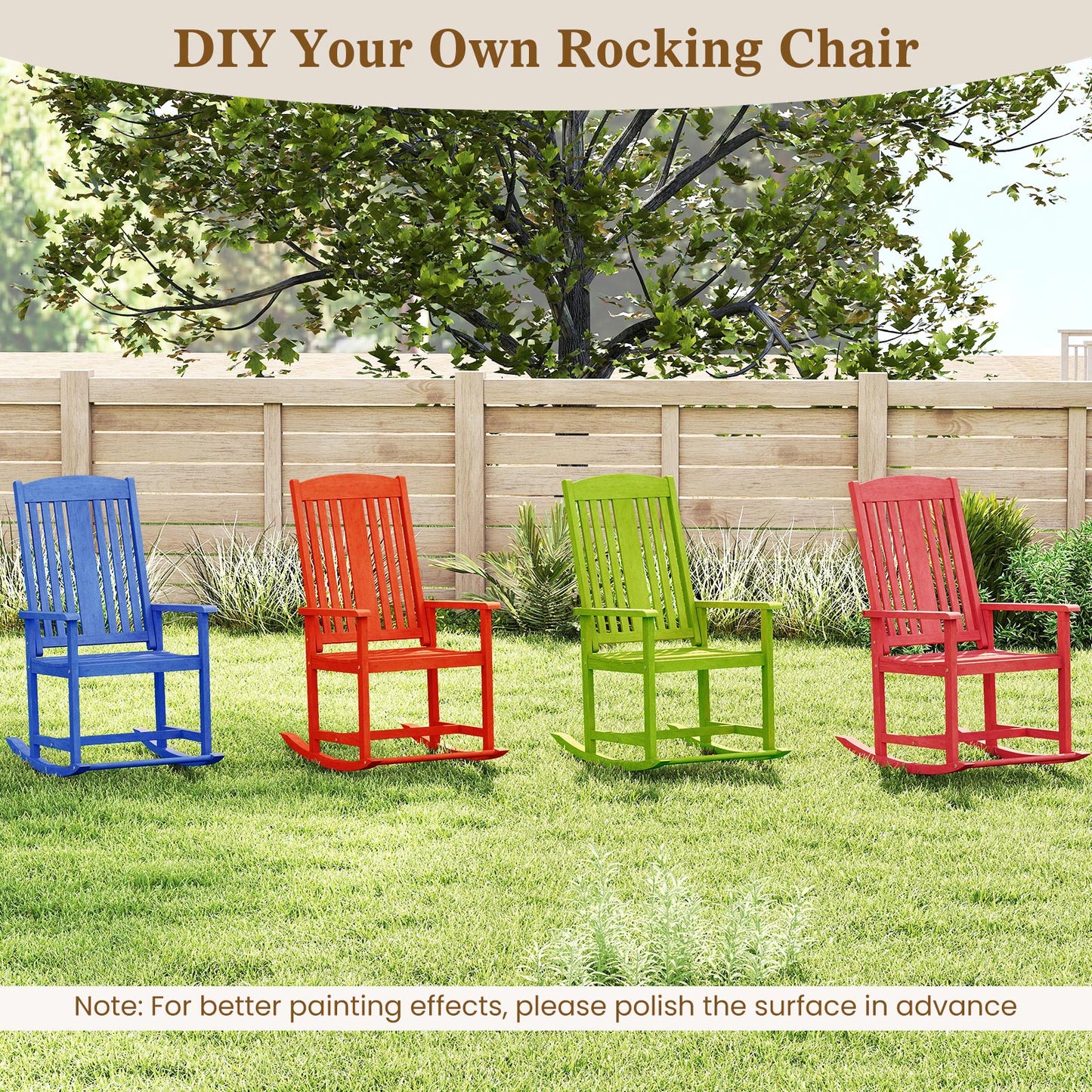 Solid Wood Rocking Chair with High Back and Slatted Seat