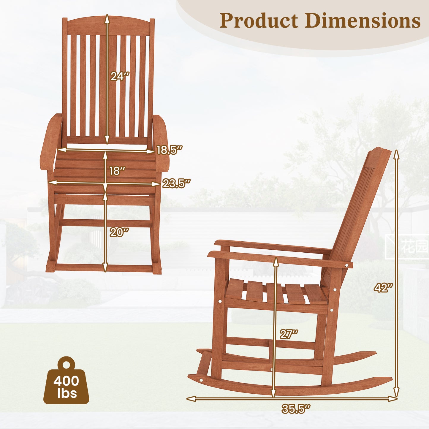 Solid Wood Rocking Chair with High Back and Slatted Seat
