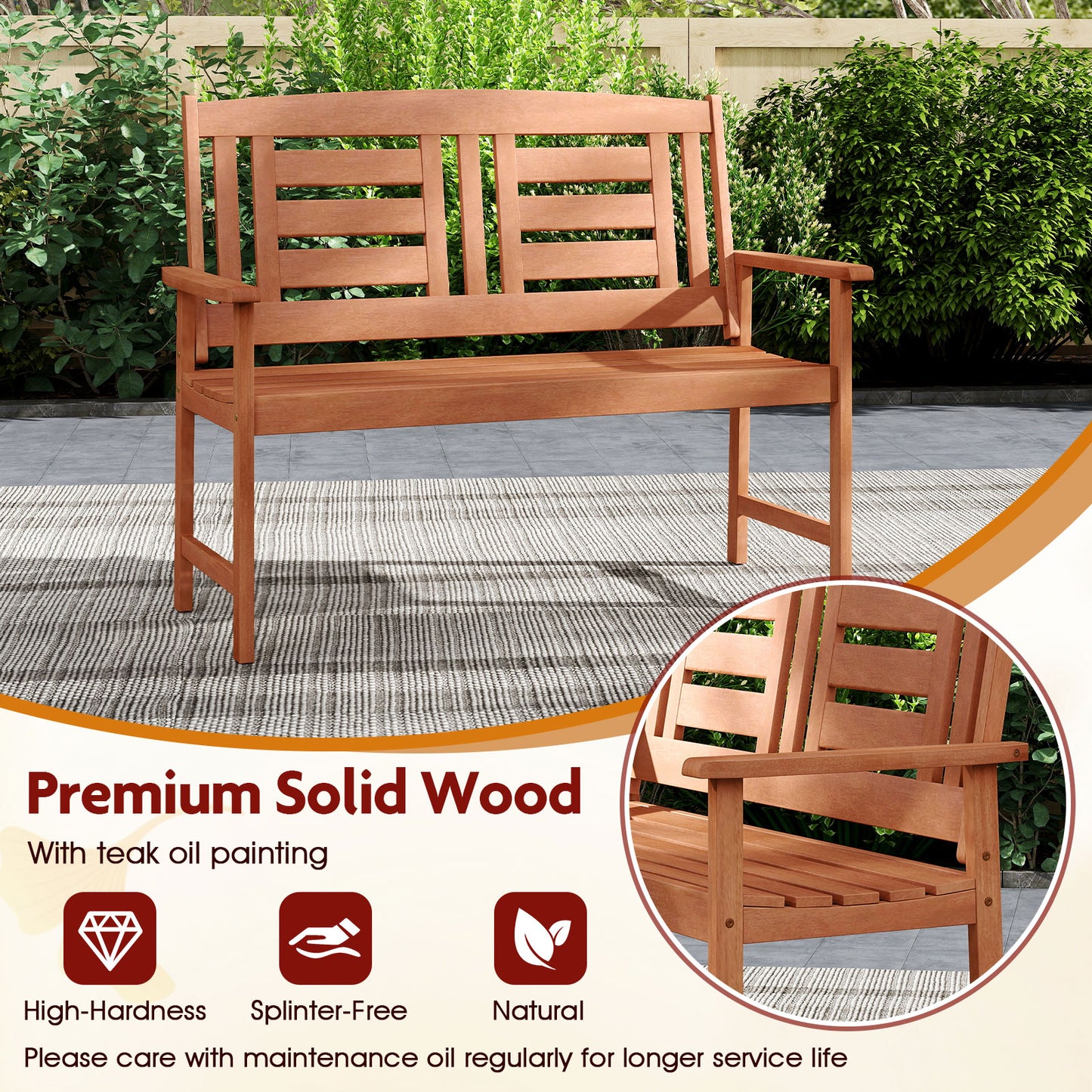 Solid Wood Loveseat Bench with Inclined Backrest