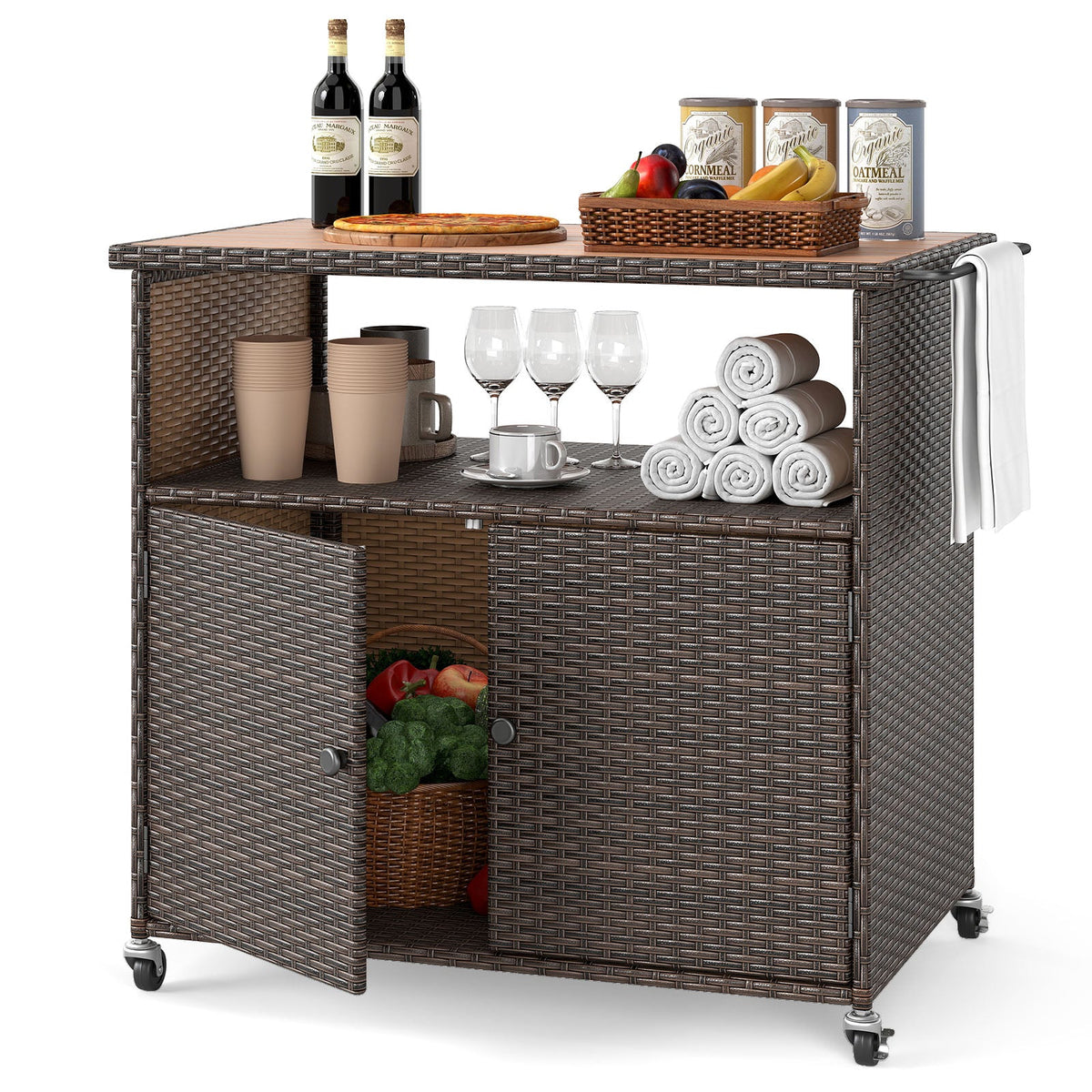 Outdoor Storage Cabinet with Acacia Wood Top and Lockable Wheels