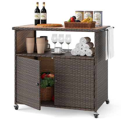 Outdoor Storage Cabinet with Acacia Wood Top and Lockable Wheels