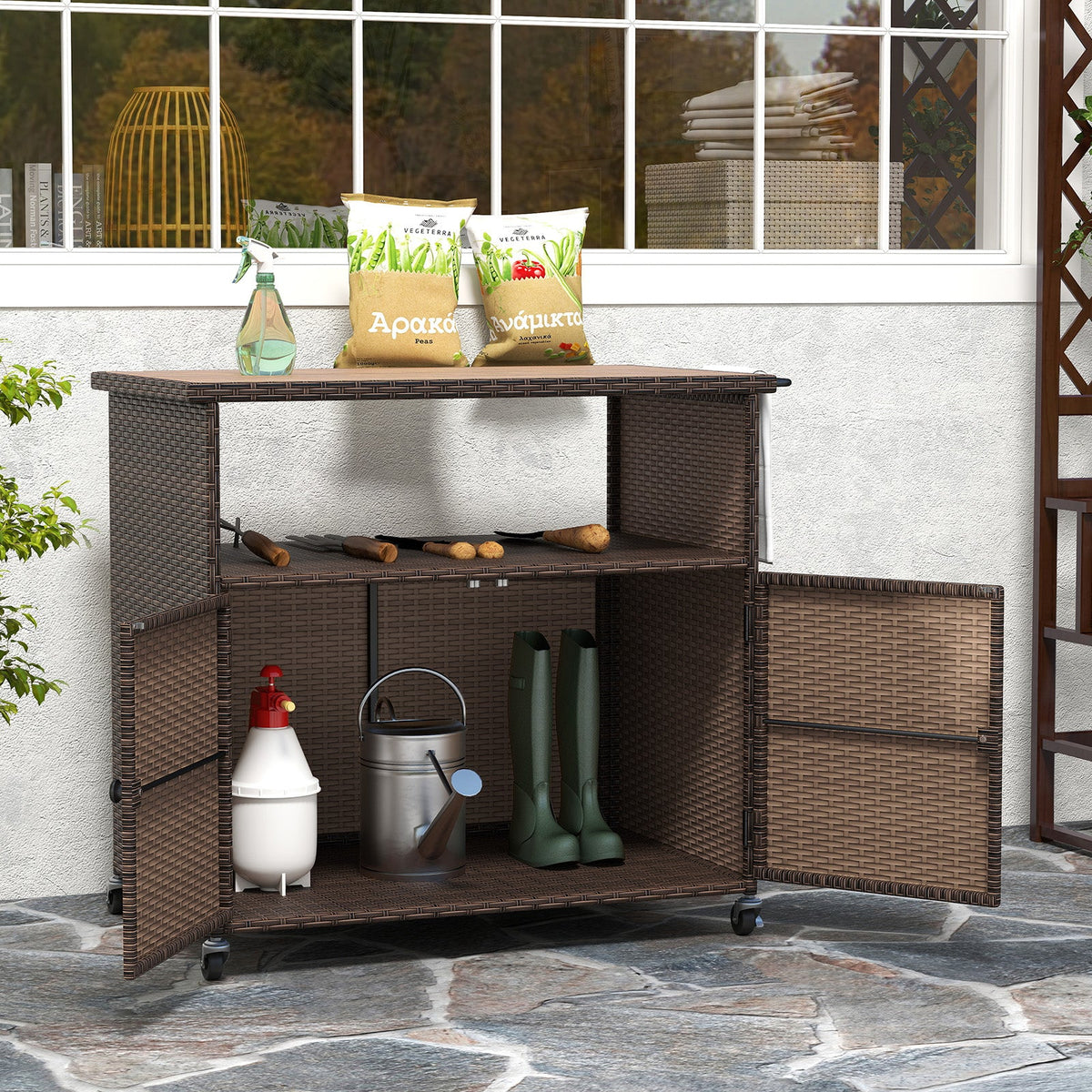 Outdoor Storage Cabinet with Acacia Wood Top and Lockable Wheels