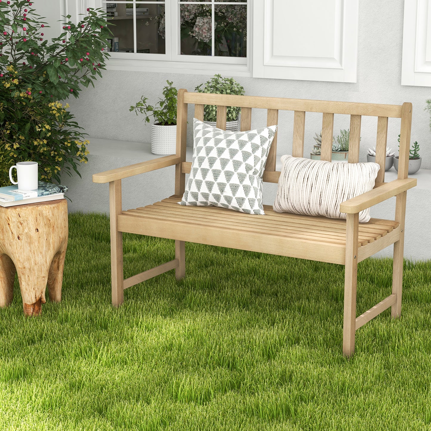 Teak Wood Garden Bench 2-Person with Backrest and Armrests