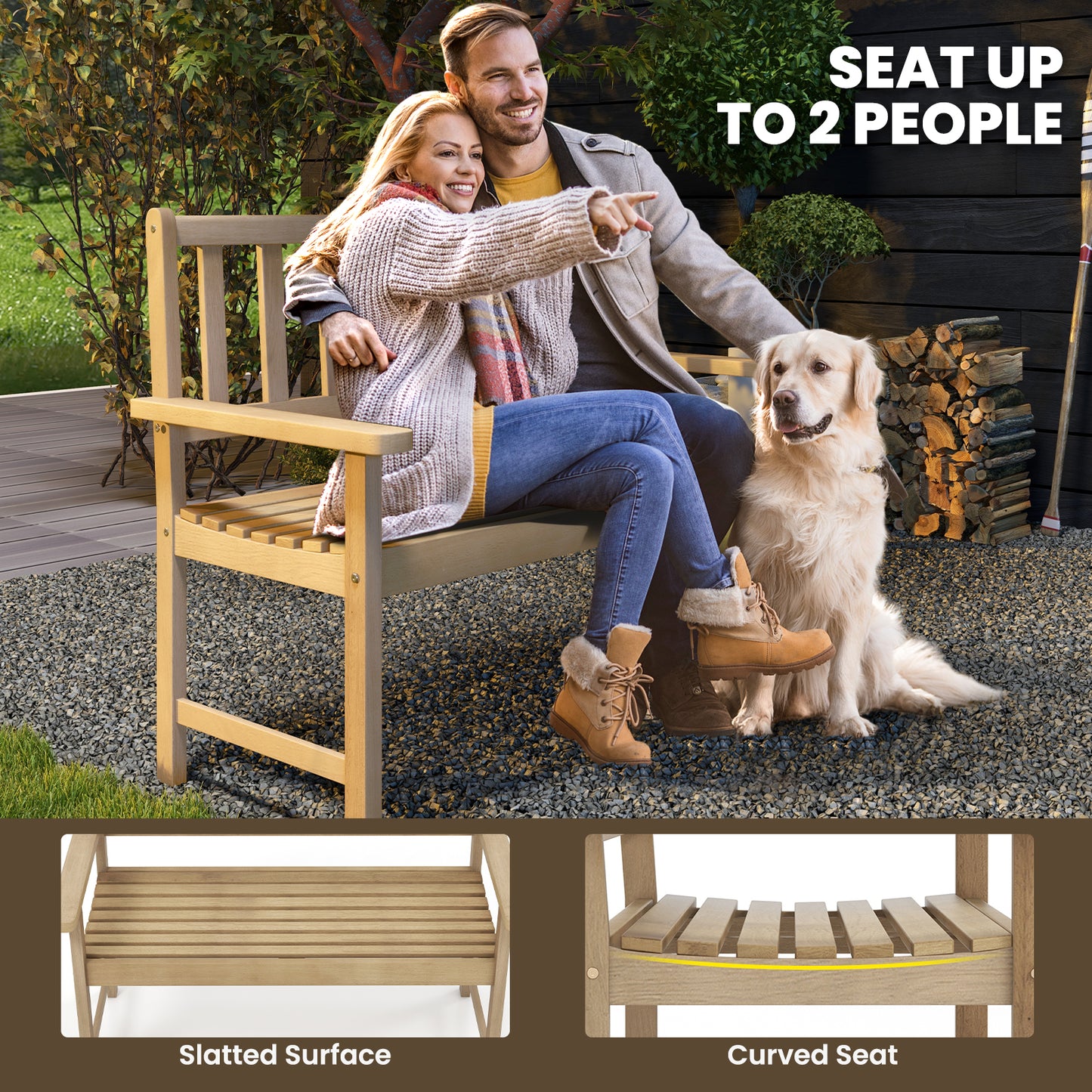 Teak Wood Garden Bench 2-Person with Backrest and Armrests