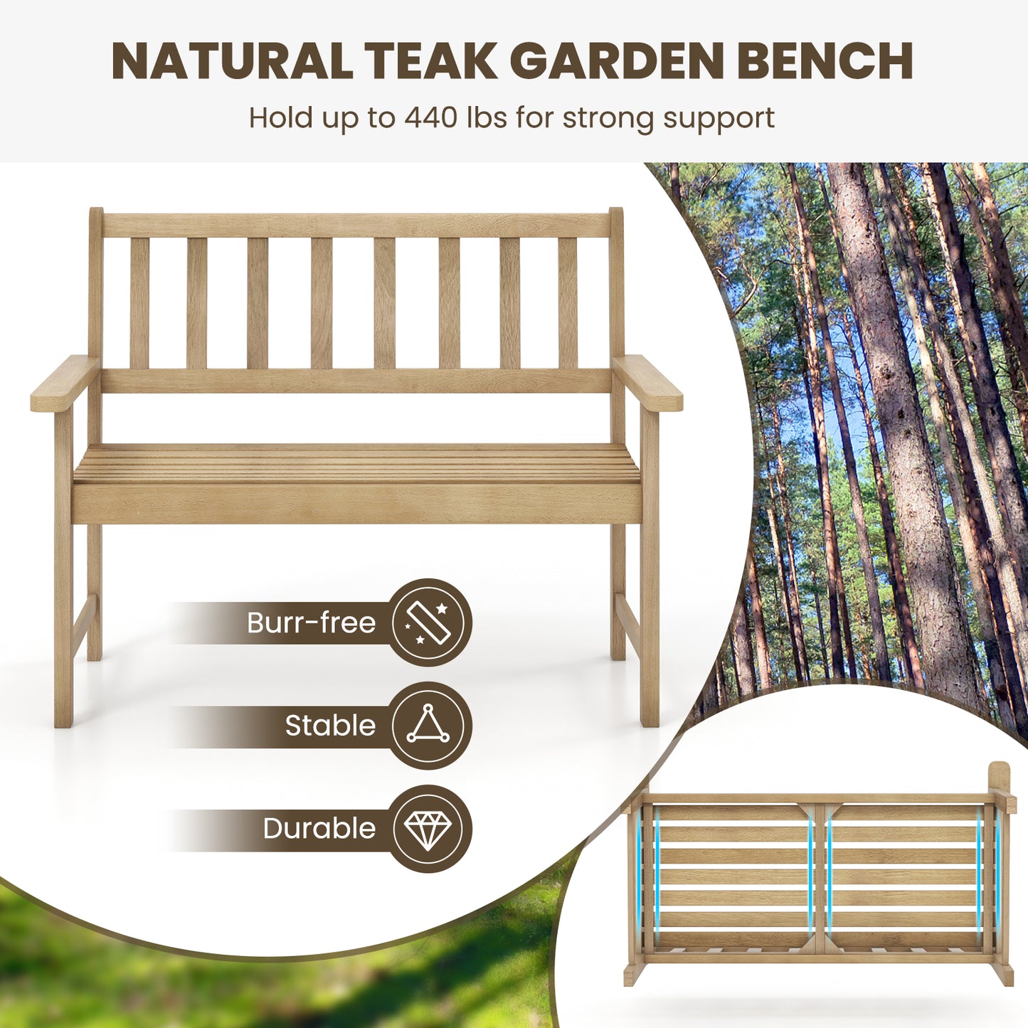 Teak Wood Garden Bench 2-Person with Backrest and Armrests