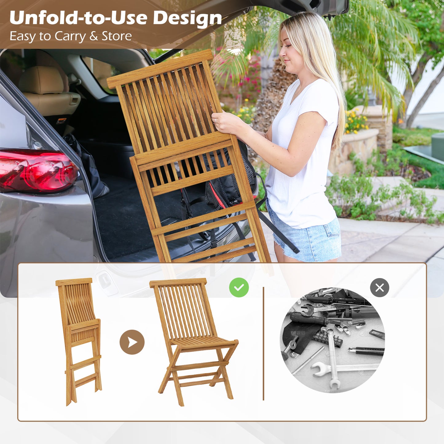 Teak Wood Folding Patio Dining Chairs Set of 2