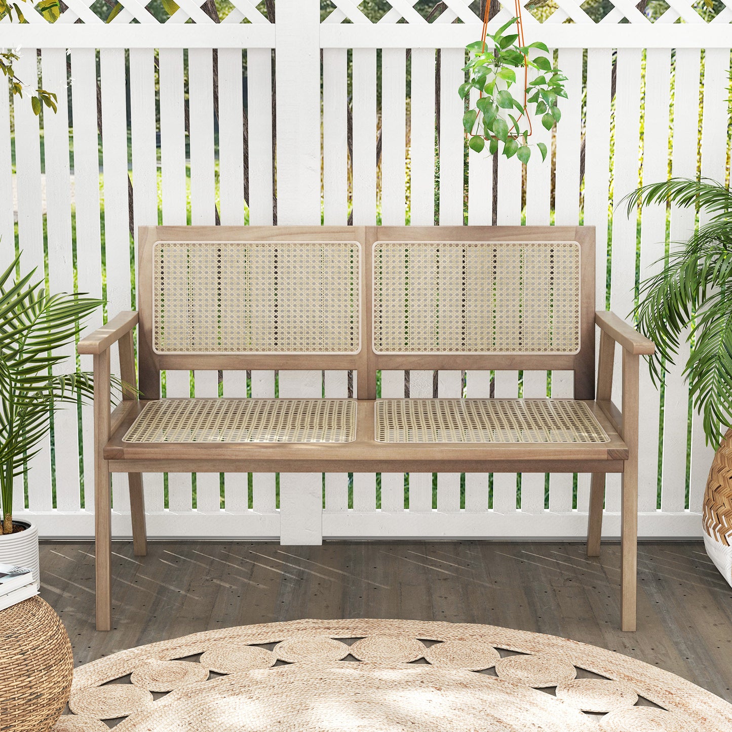 Teak Wood Garden Bench with Rattan Backrest and Armrests