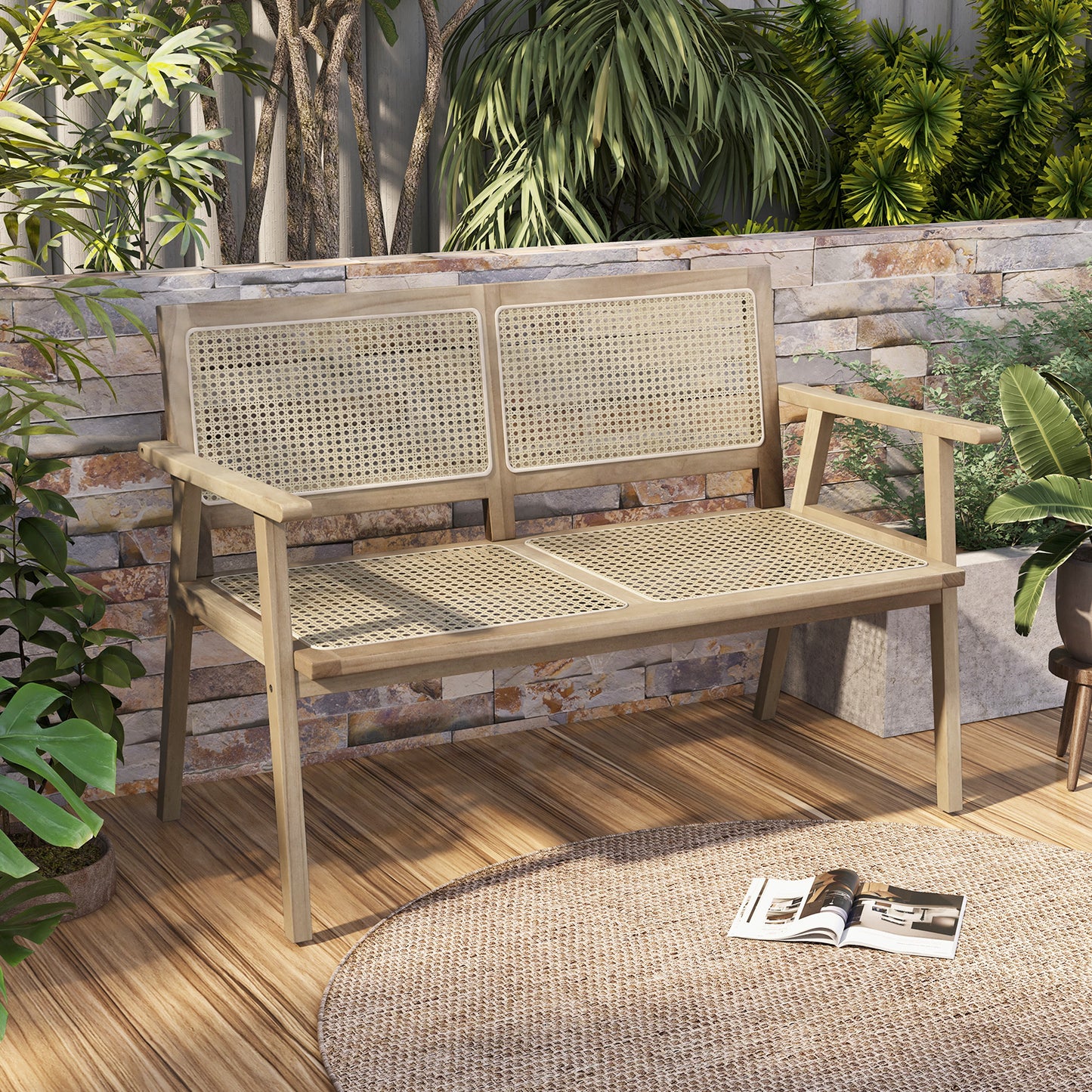 Teak Wood Garden Bench with Rattan Backrest and Armrests