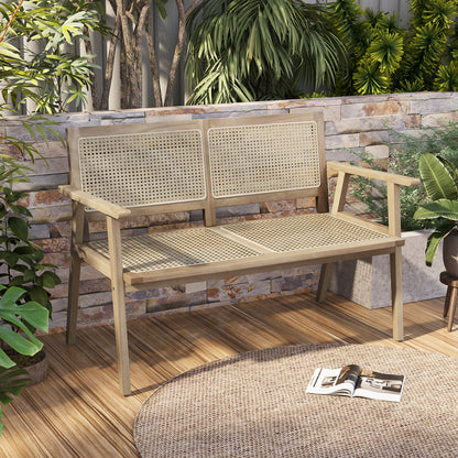 Teak Wood Garden Bench with Rattan Backrest and Armrests
