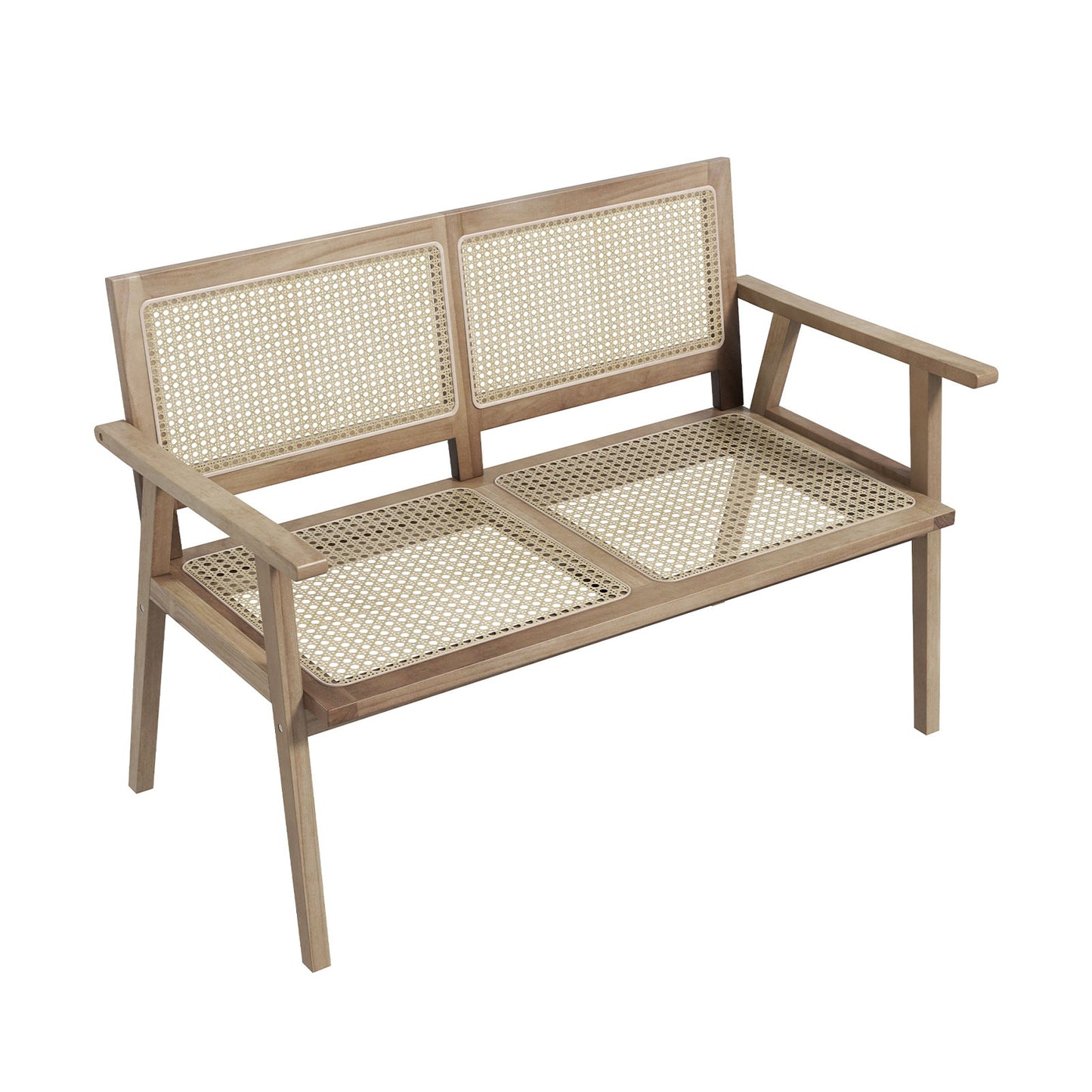 Teak Wood Garden Bench with Rattan Backrest and Armrests